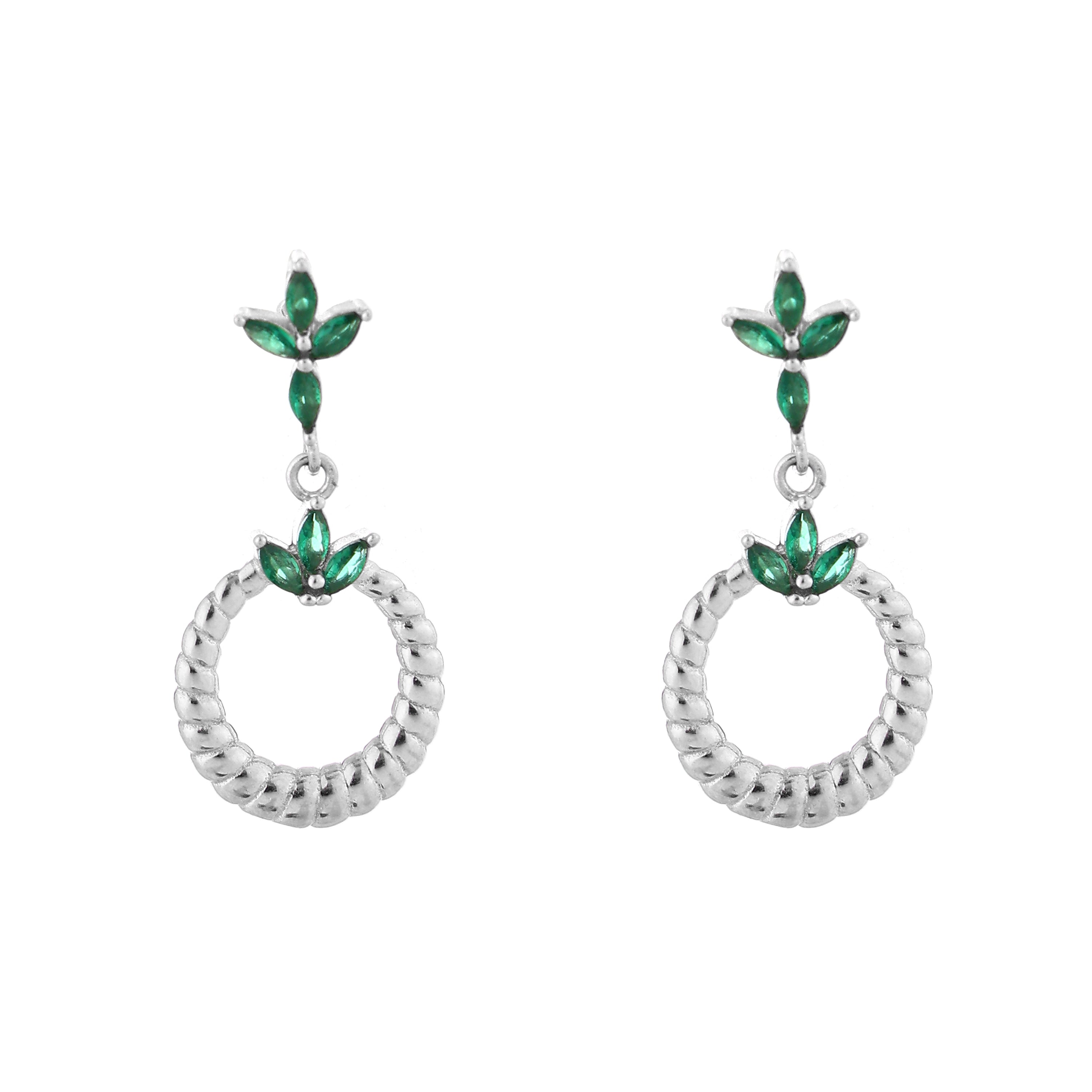 Emerald Leaf Twisted Hoop Silver Drop Earrings