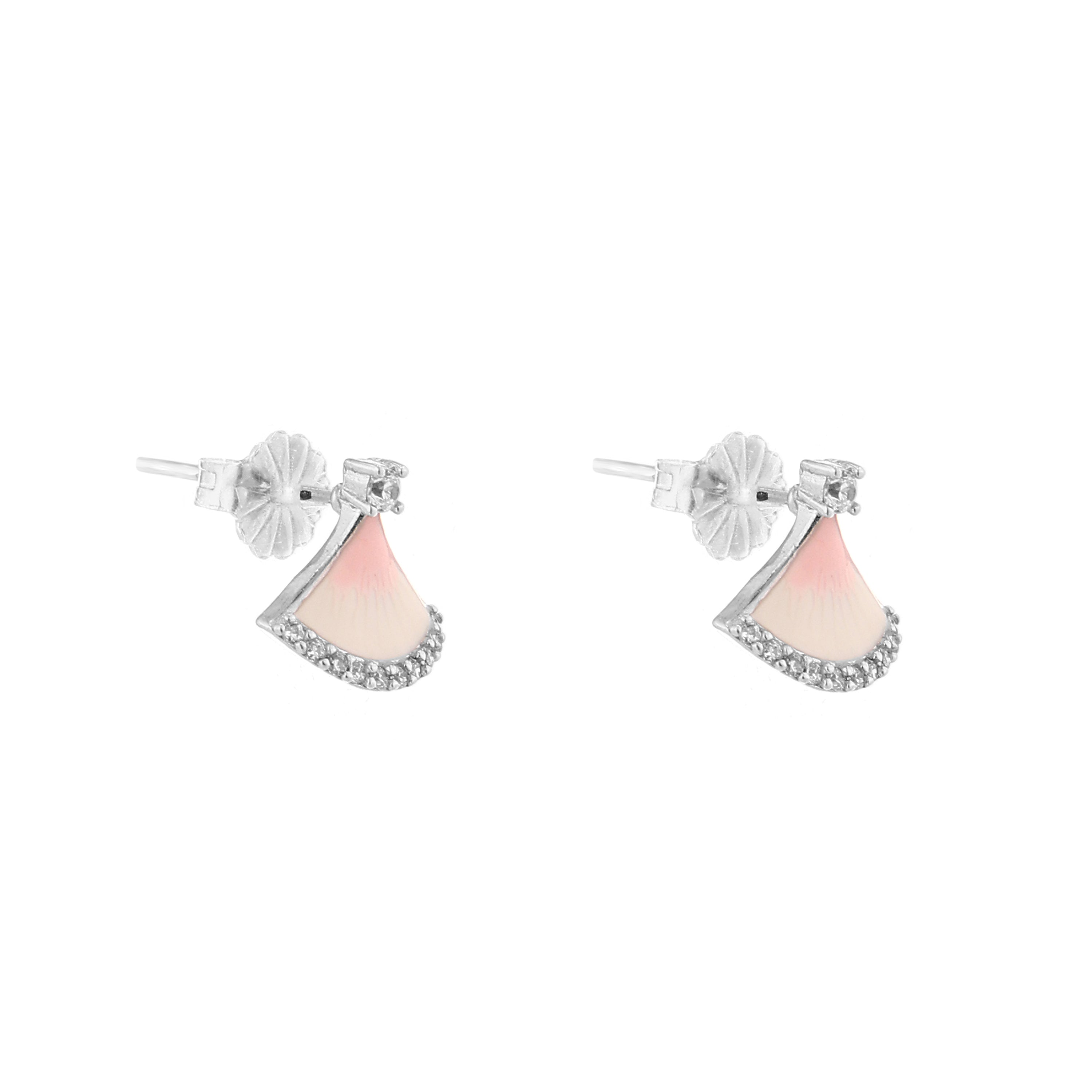 Pink Enamel Fan Silver Stud Earrings