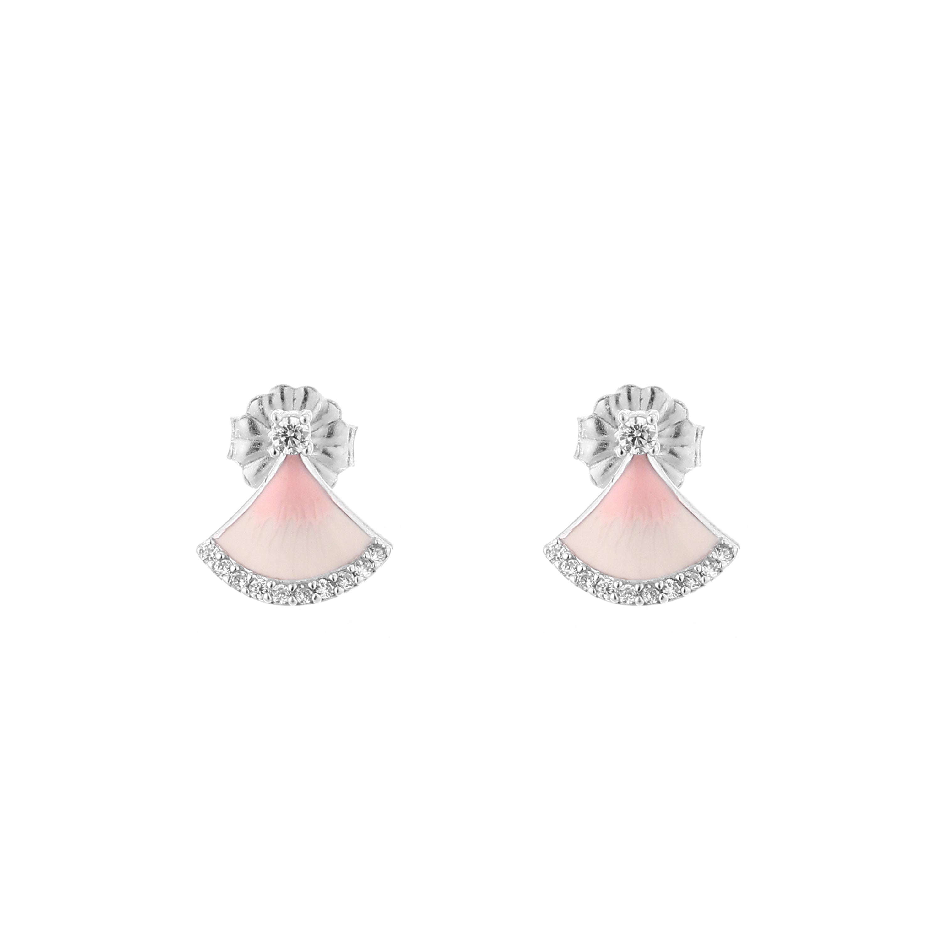 Pink Enamel Fan Silver Stud Earrings