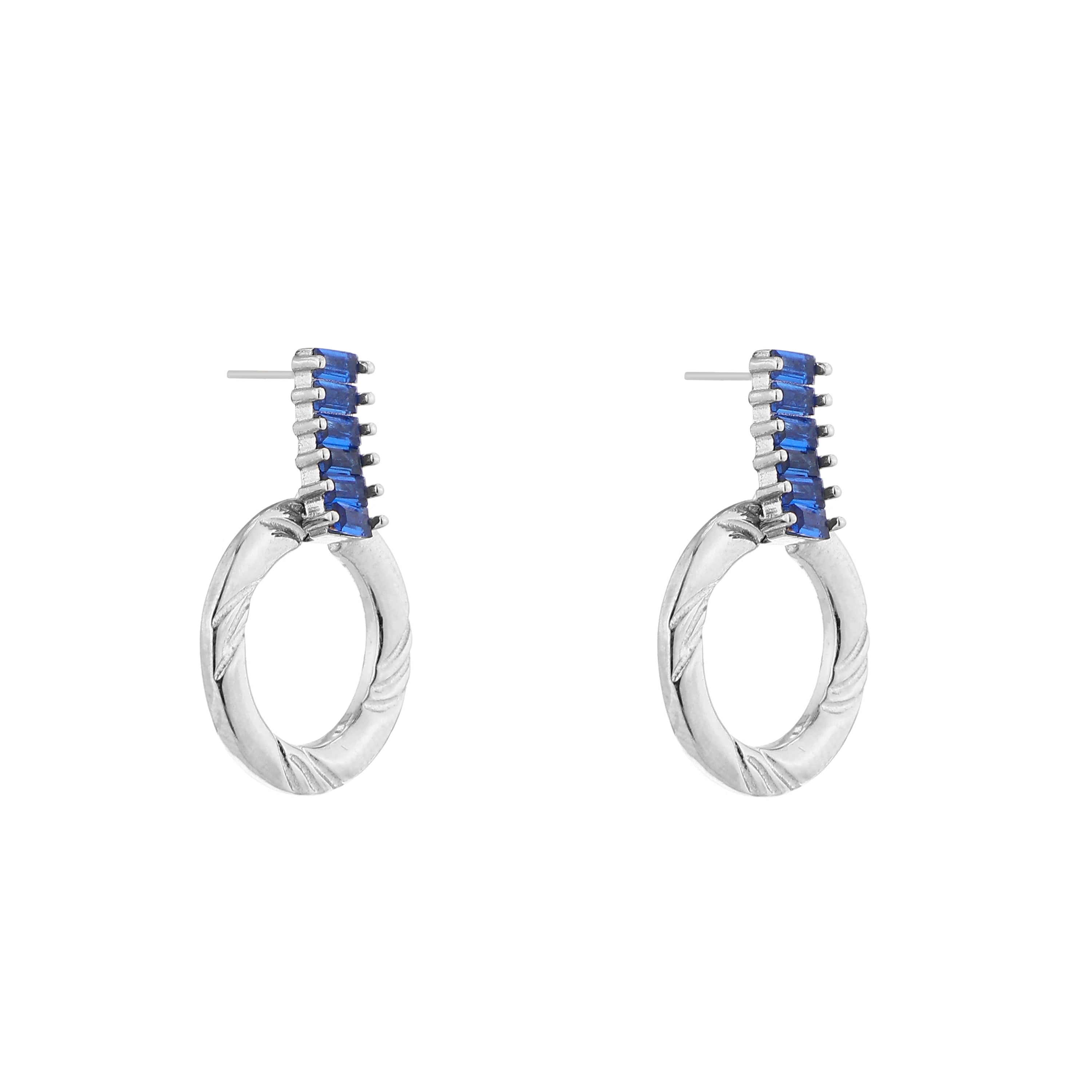 Sapphire Baguette Textured Hoop Silver Drop Earrings