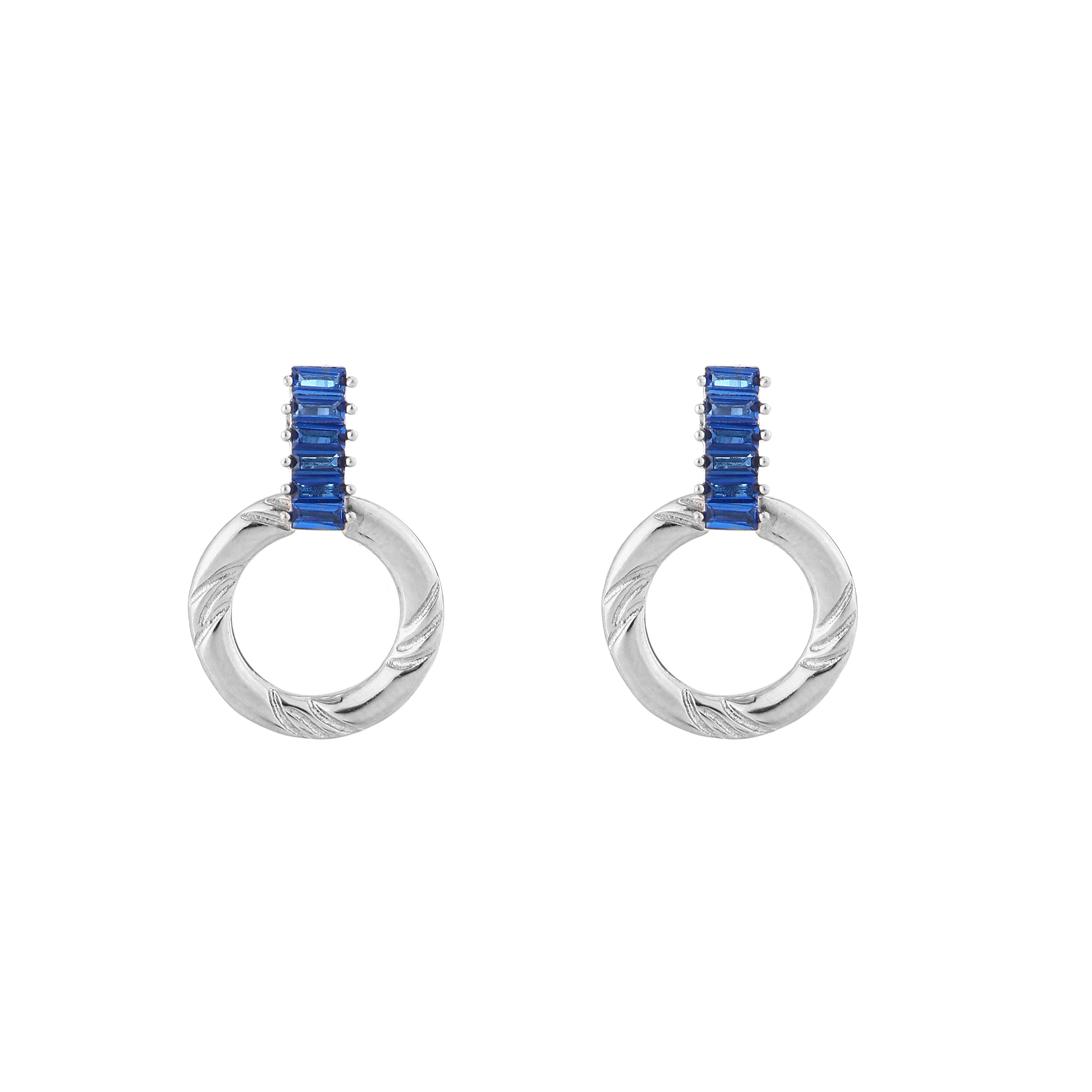 Sapphire Baguette Textured Hoop Silver Drop Earrings