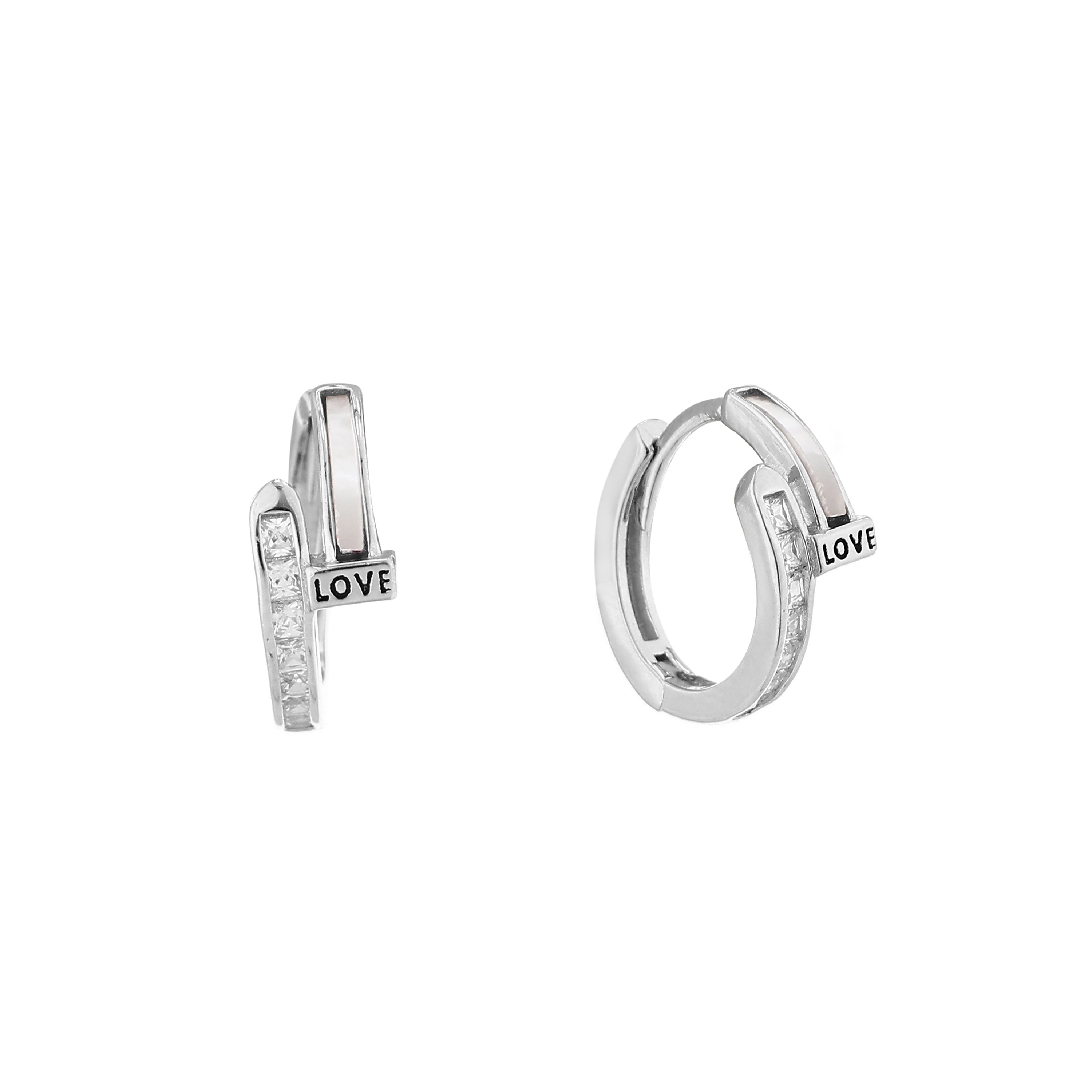 "LOVE" Inscribed Mother-of-Pearl Silver Huggie Earrings