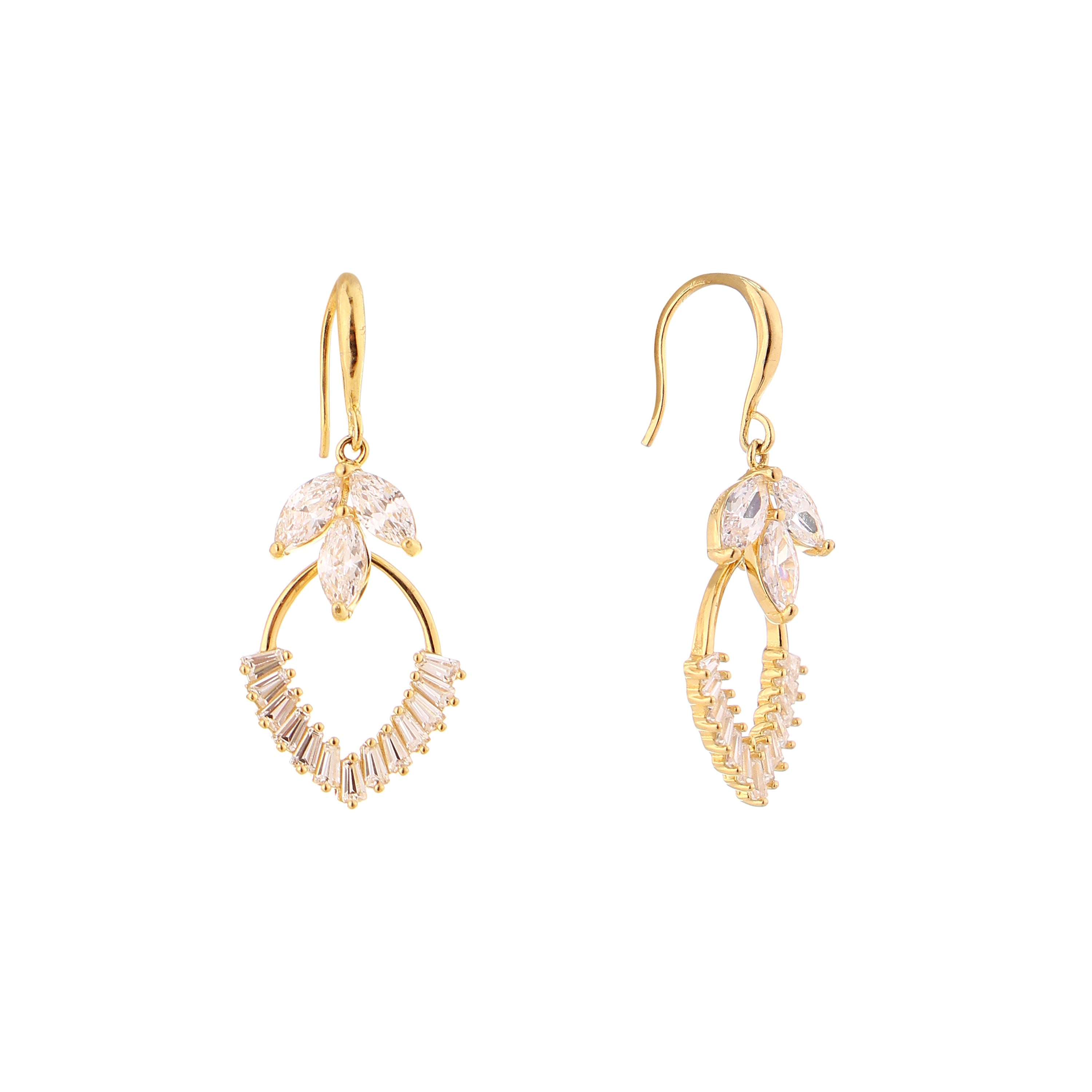 Marquise Leaf Baguette Chevron Gold-Plated Silver Drop Earrings