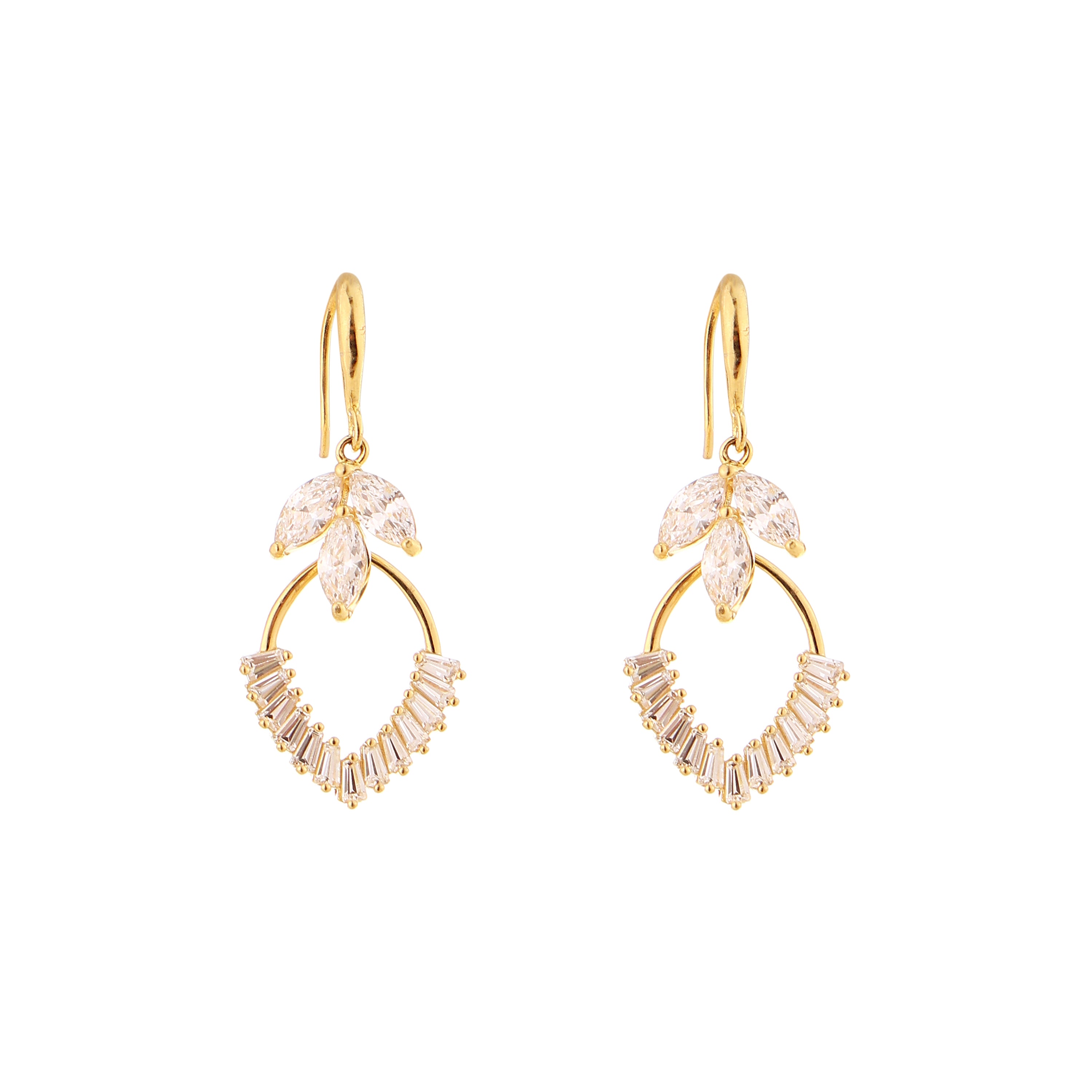 Marquise Leaf Baguette Chevron Gold-Plated Silver Drop Earrings