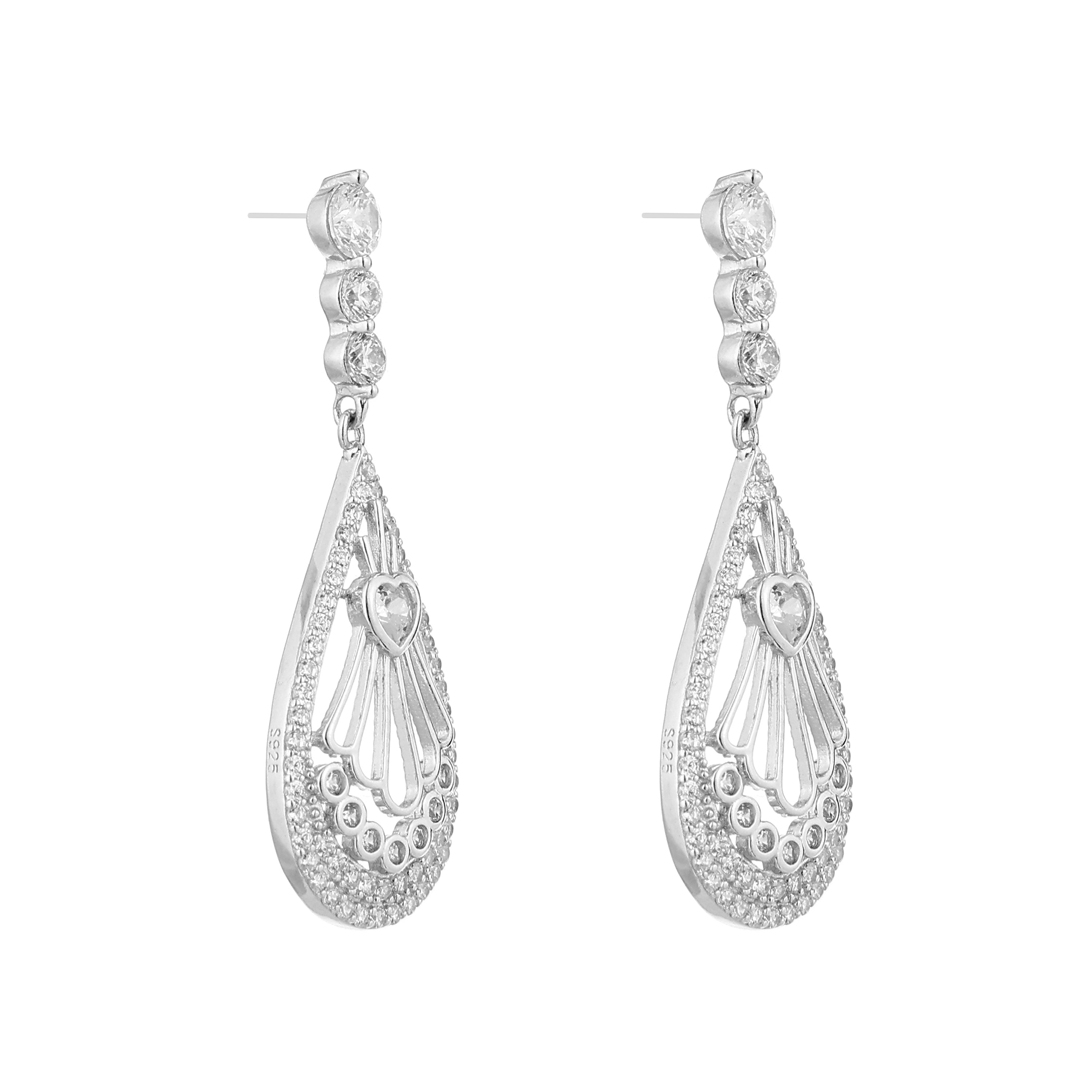 Heart & Teardrop Filigree Silver Drop Earrings