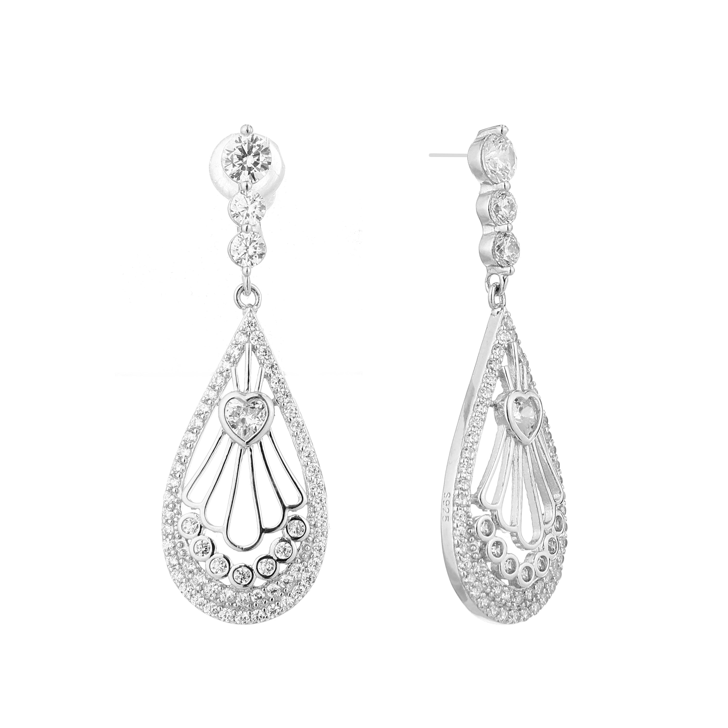 Heart & Teardrop Filigree Silver Drop Earrings