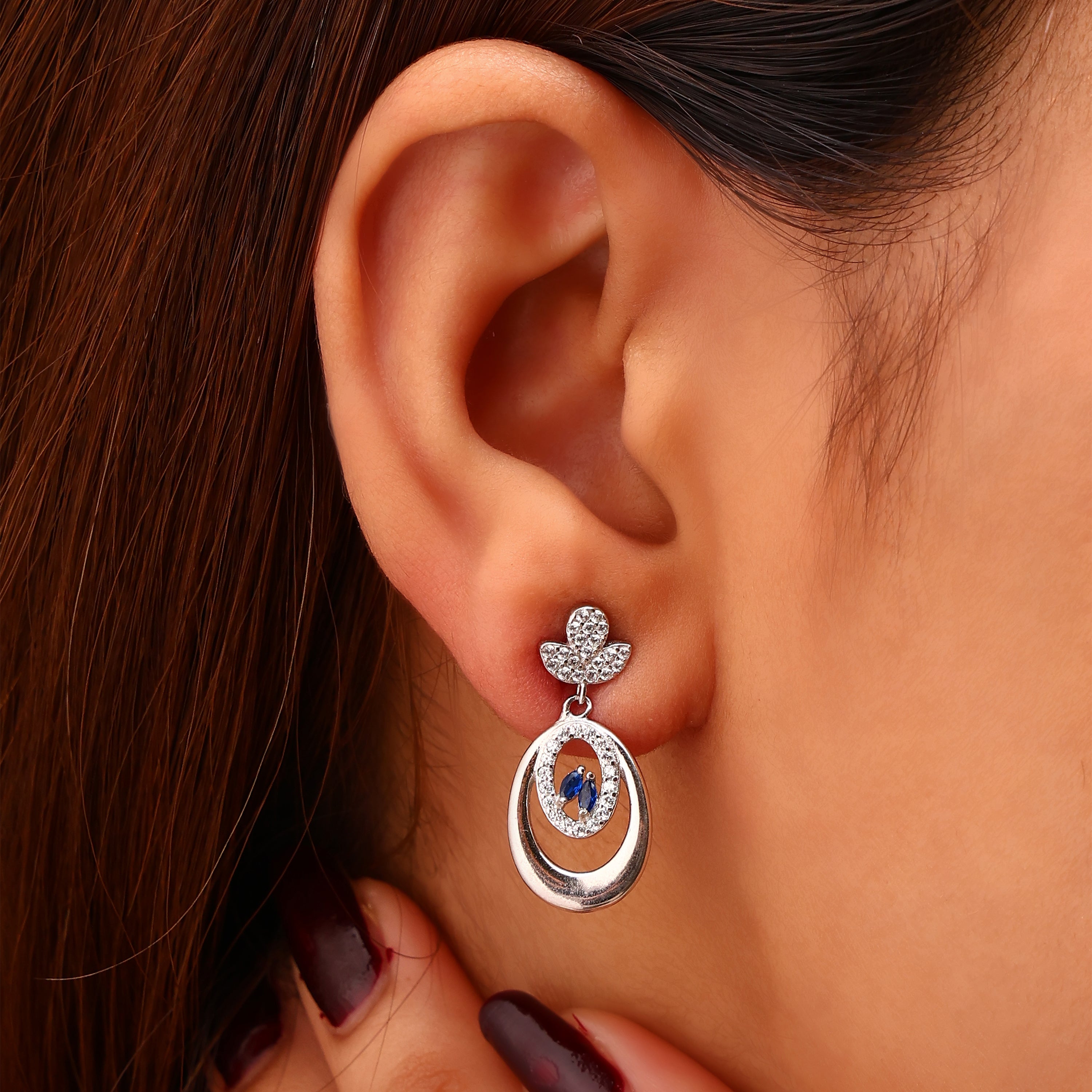 Sapphire Marquise Oval Frame Silver Drop Earrings