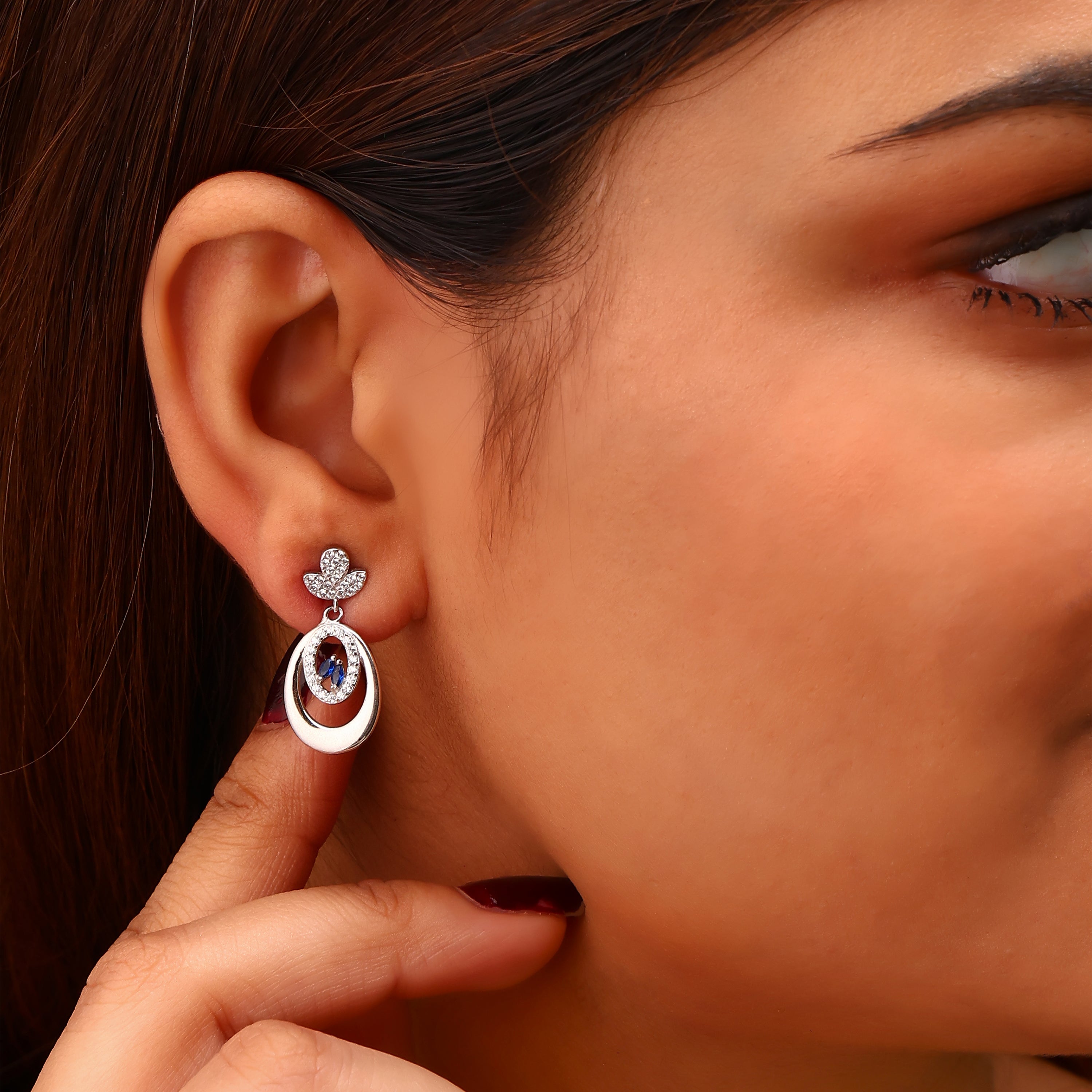 Sapphire Marquise Oval Frame Silver Drop Earrings