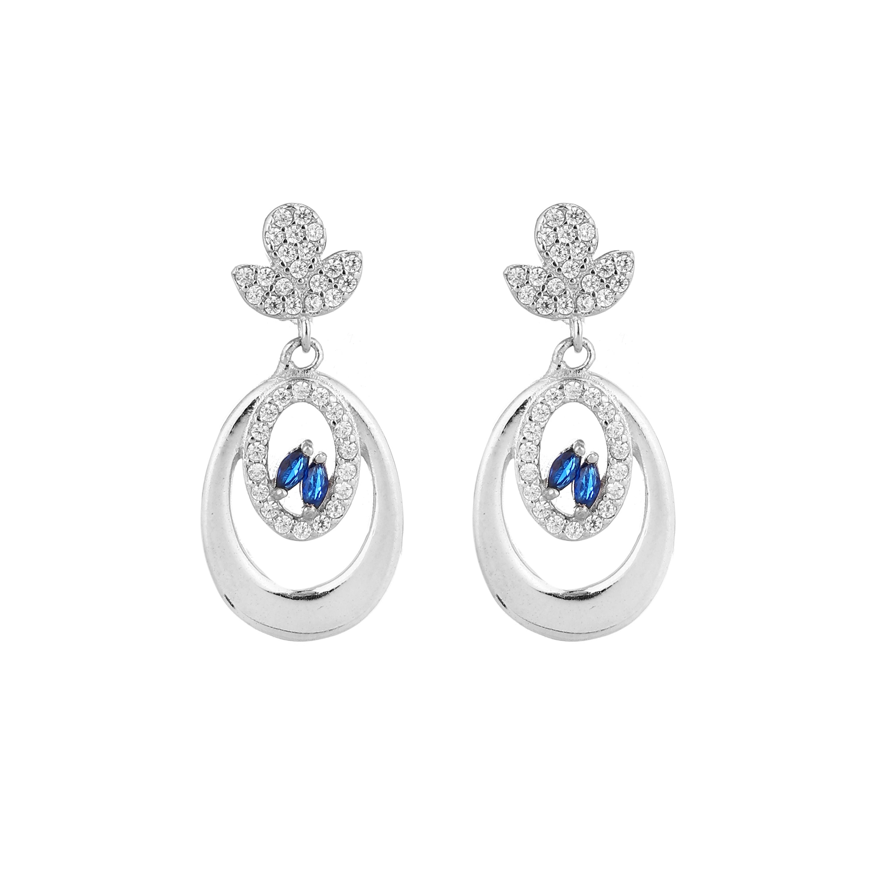 Sapphire Marquise Oval Frame Silver Drop Earrings