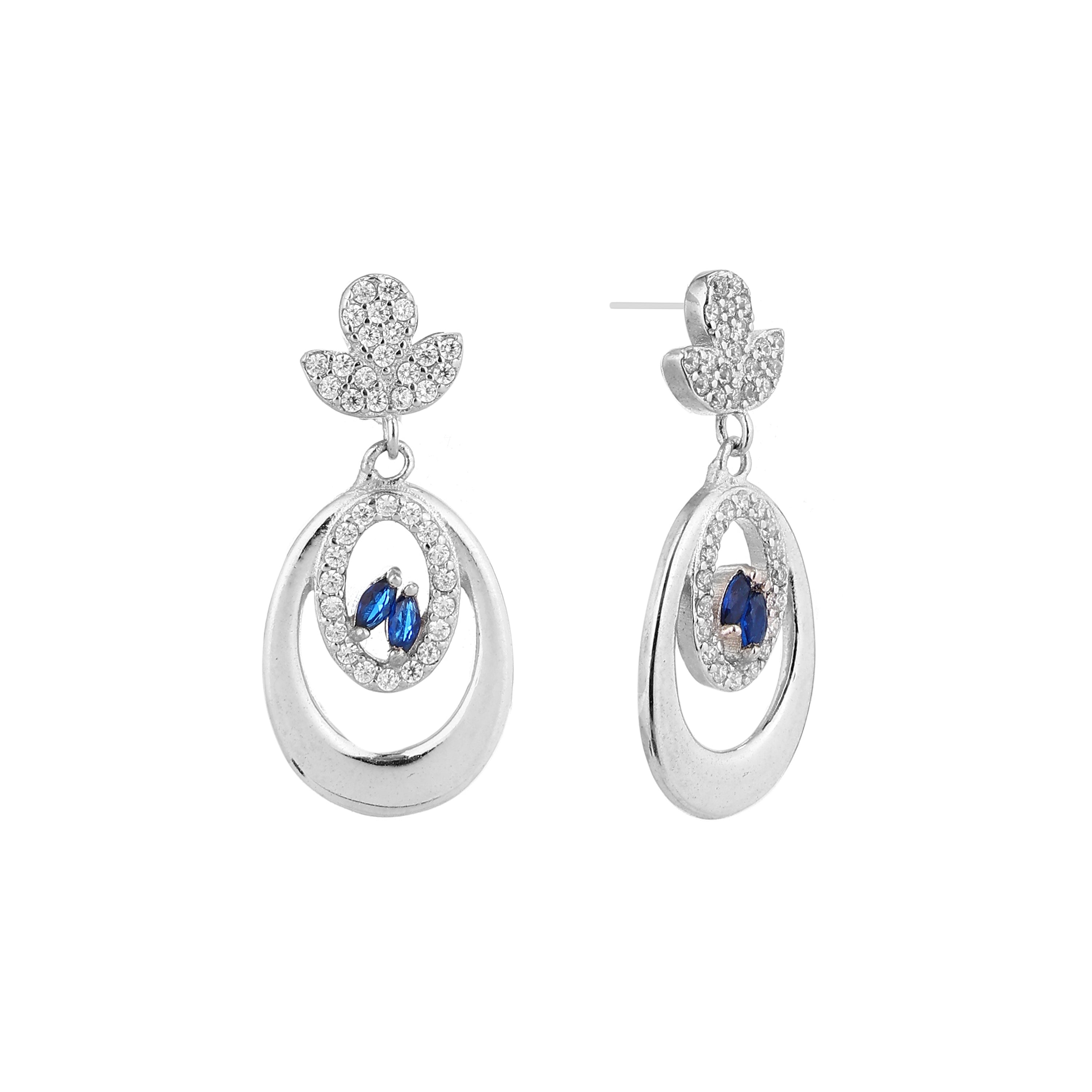 Sapphire Marquise Oval Frame Silver Drop Earrings