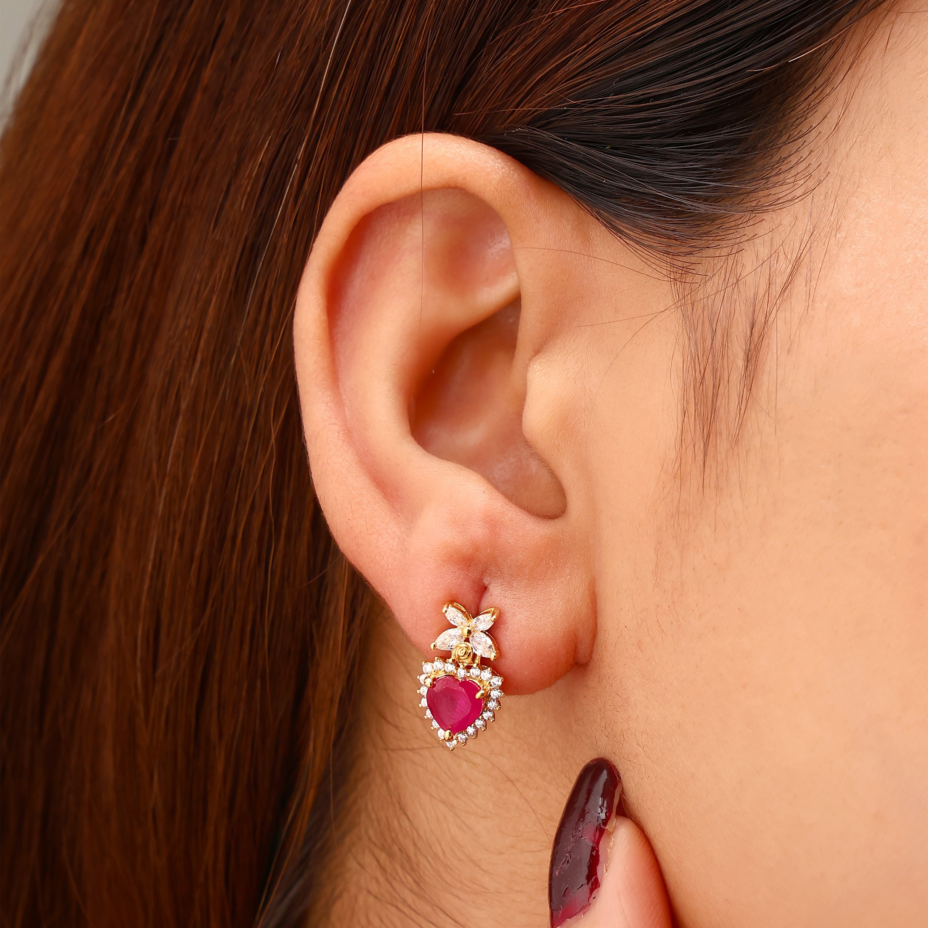 Ruby Pink Heart Butterfly Gold-Plated Silver Earrings
