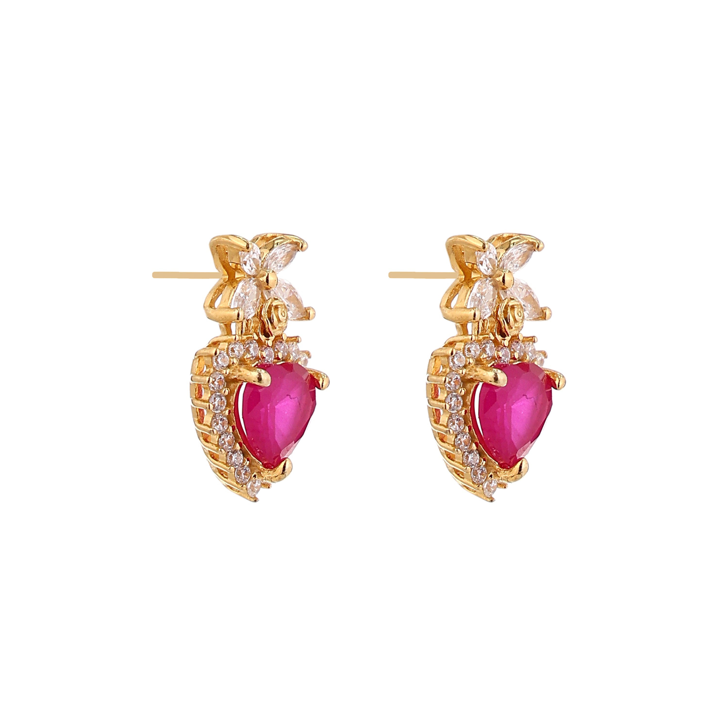 Ruby Pink Heart Butterfly Gold-Plated Silver Earrings