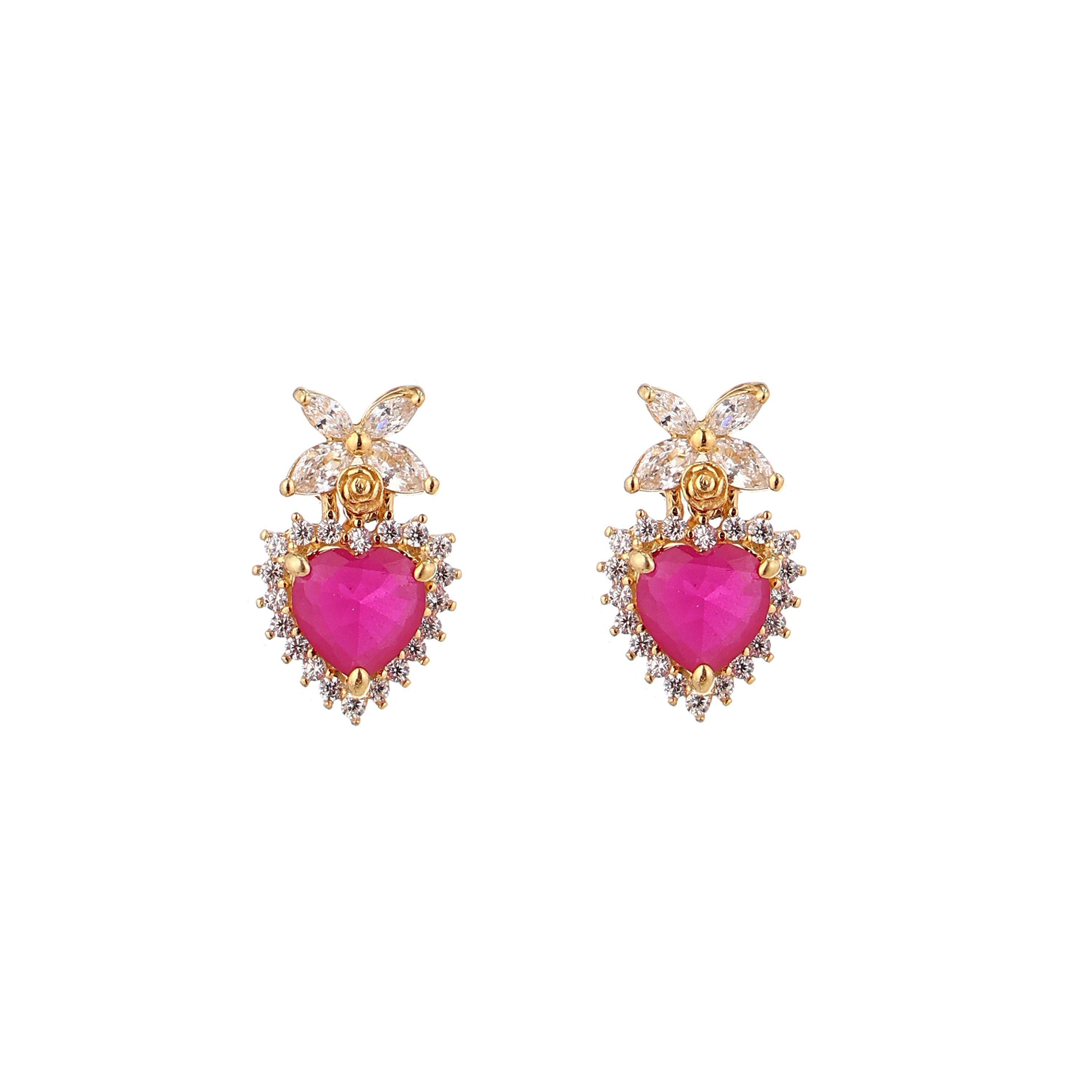 Ruby Pink Heart Butterfly Gold-Plated Silver Earrings