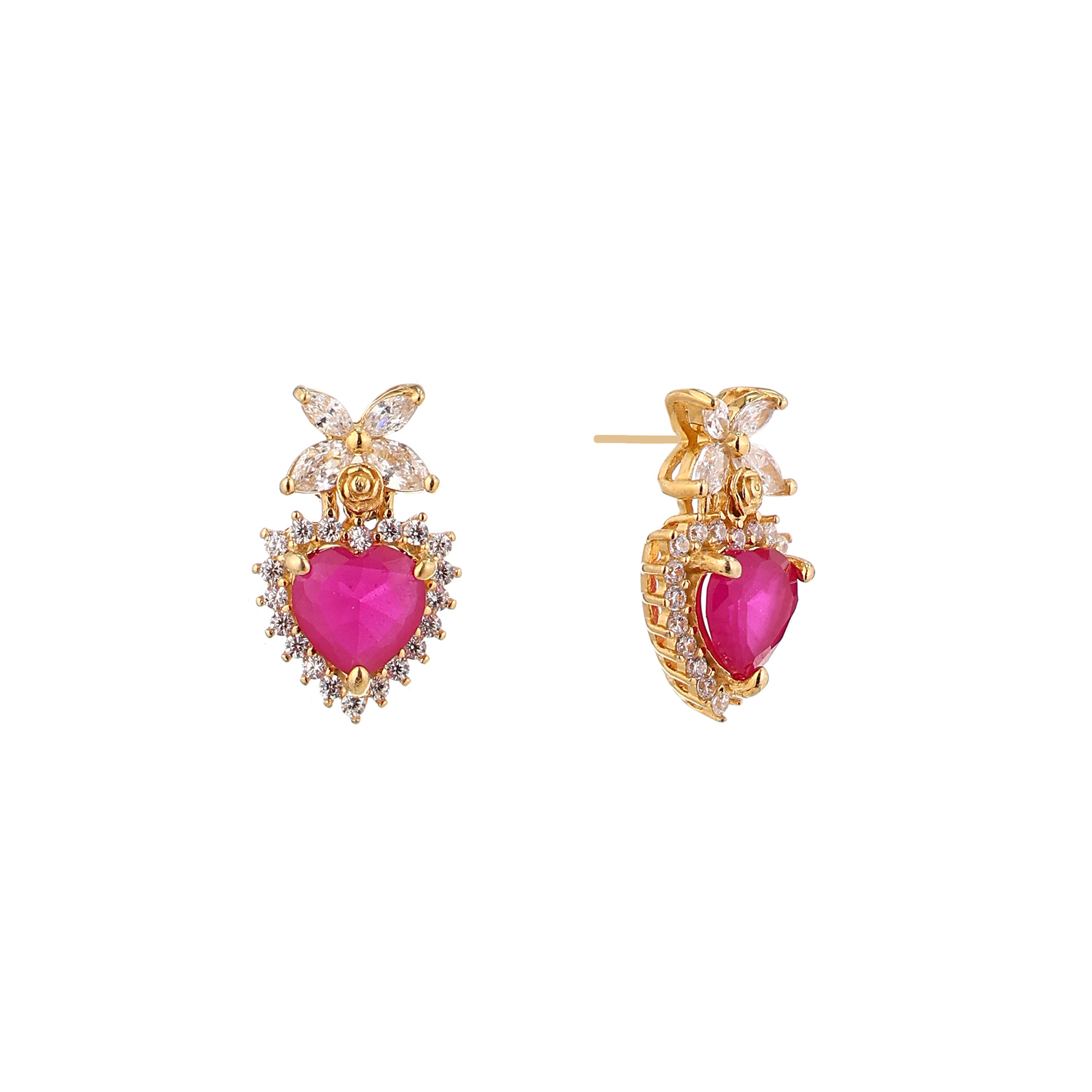 Ruby Pink Heart Butterfly Gold-Plated Silver Earrings