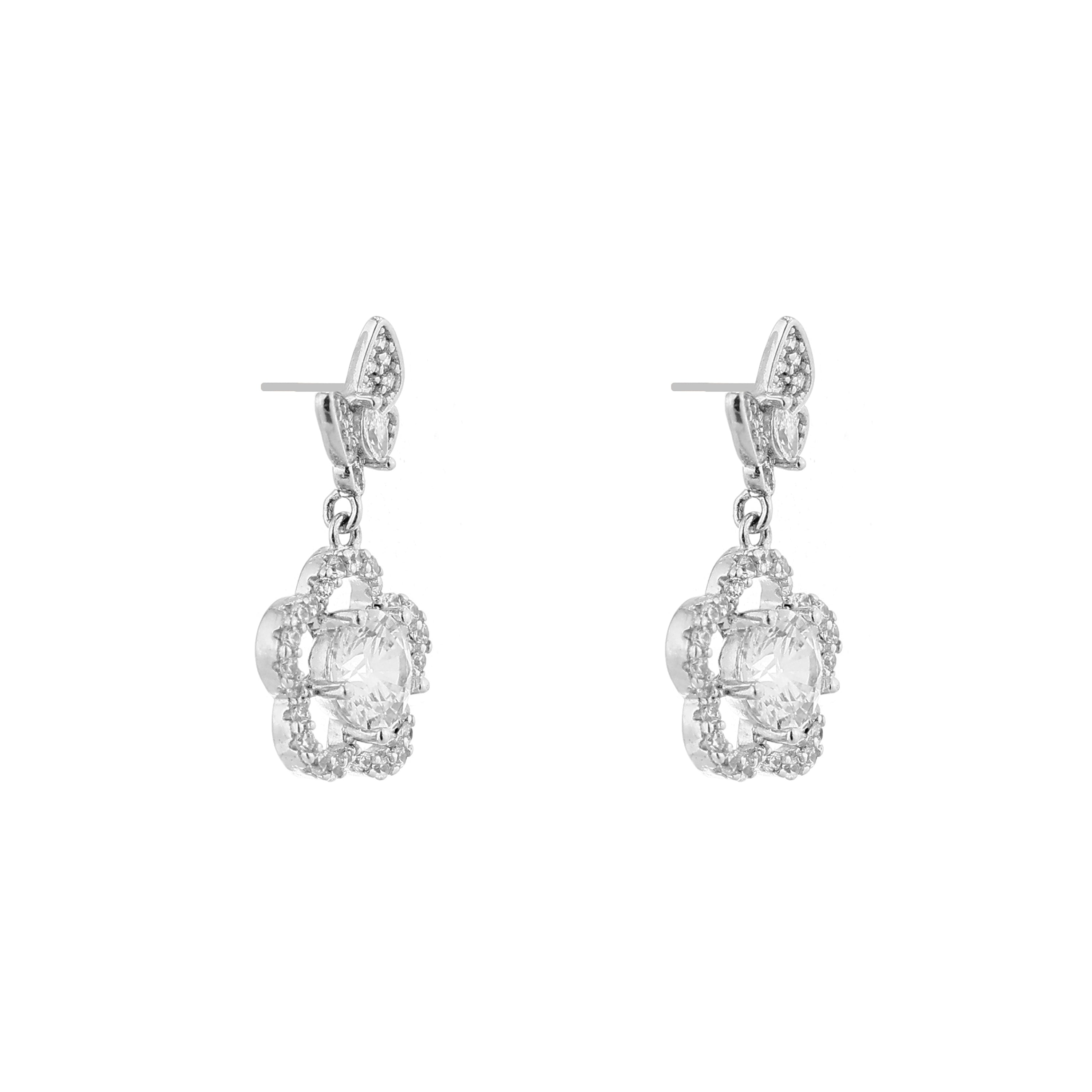 Butterfly Flower Solitaire Silver Drop Earrings