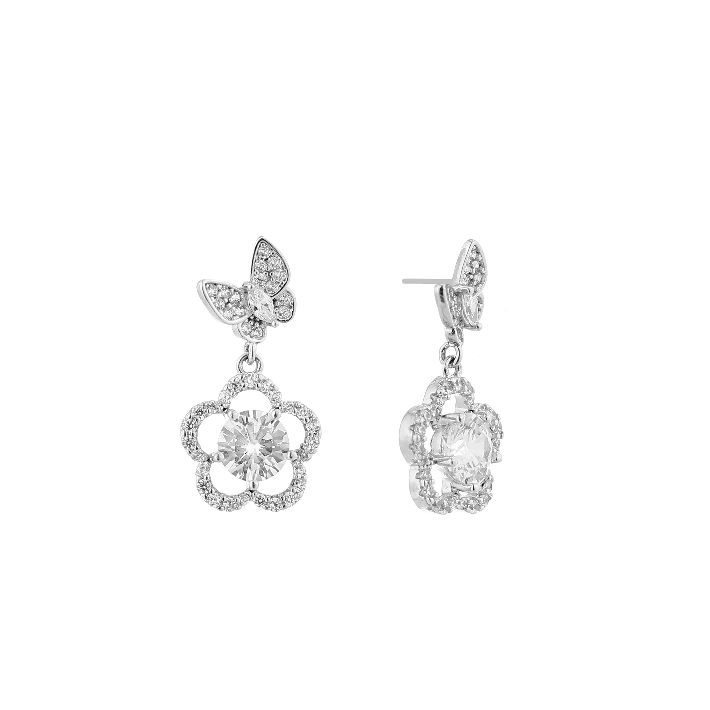 Butterfly Flower Solitaire Silver Drop Earrings