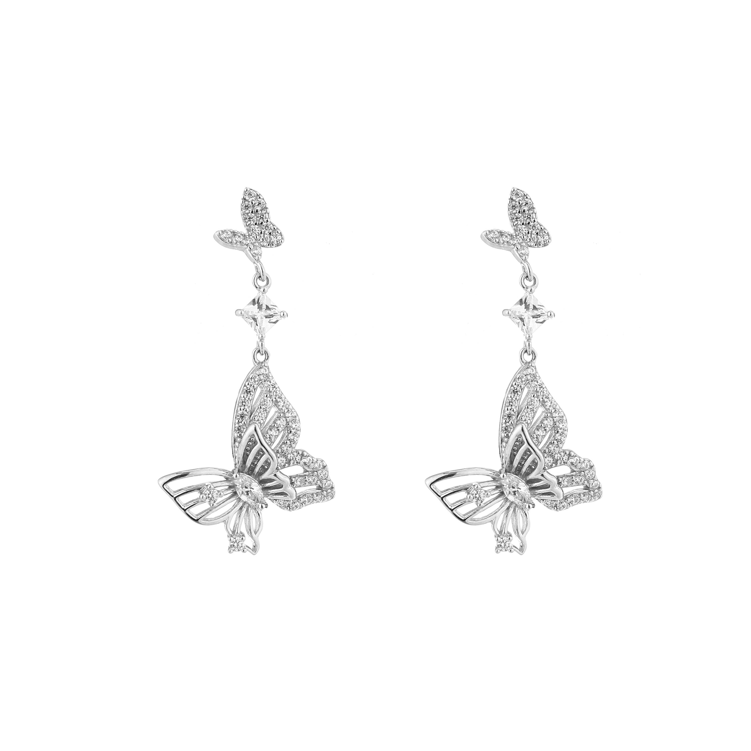 Cascading Dual Butterfly Silver Drop Earrings
