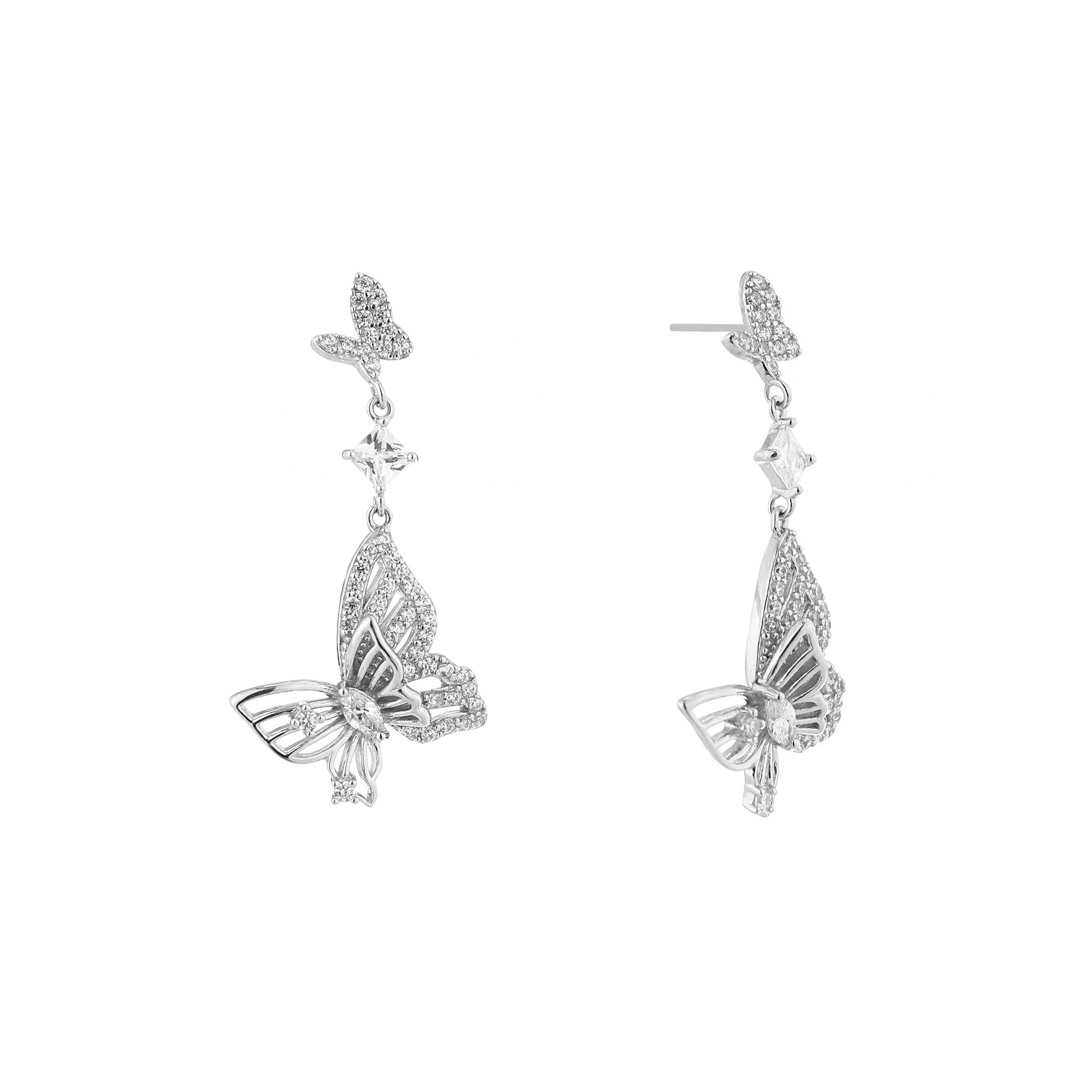 Cascading Dual Butterfly Silver Drop Earrings