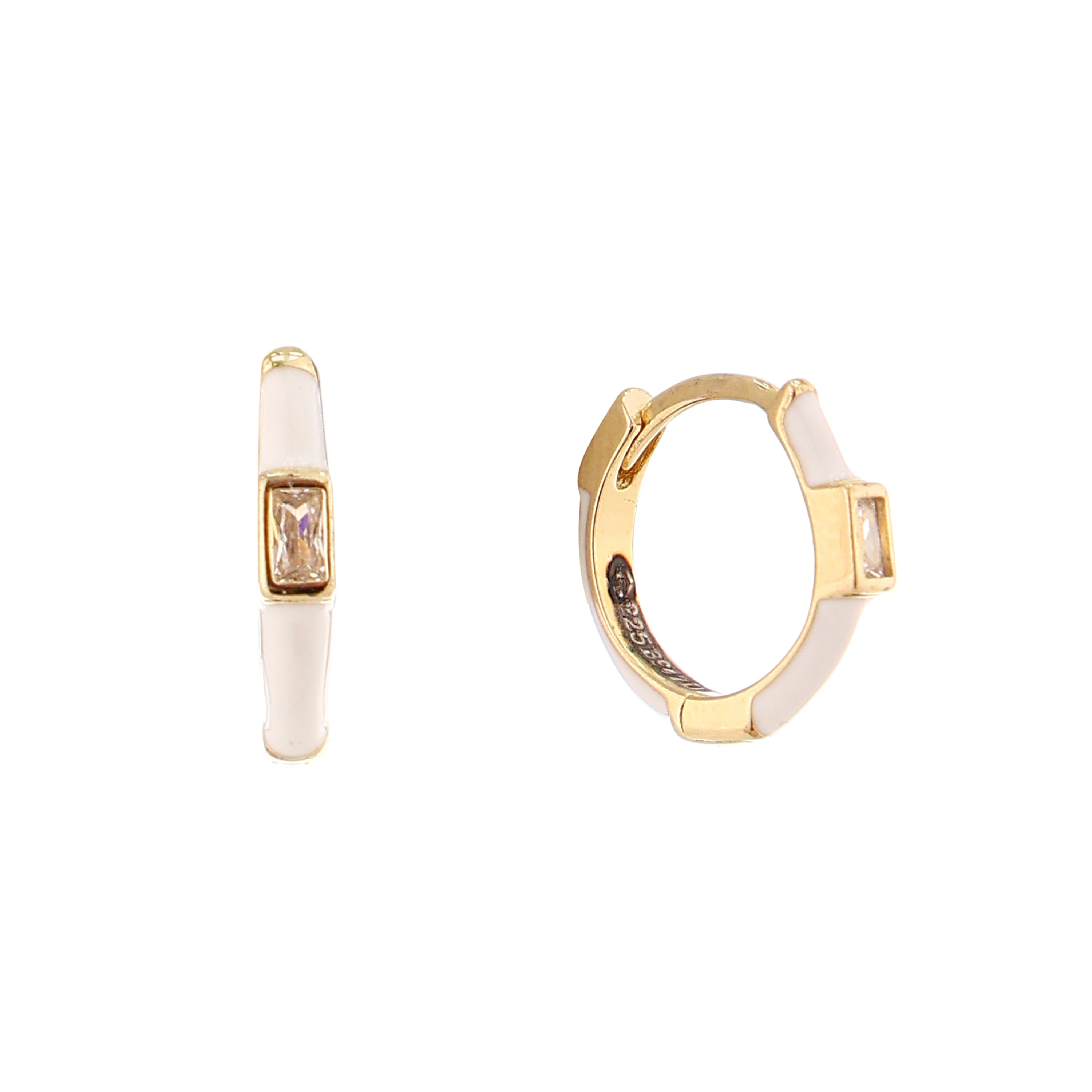 White Enamel Baguette Gold-Plated Silver Huggie Earrings
