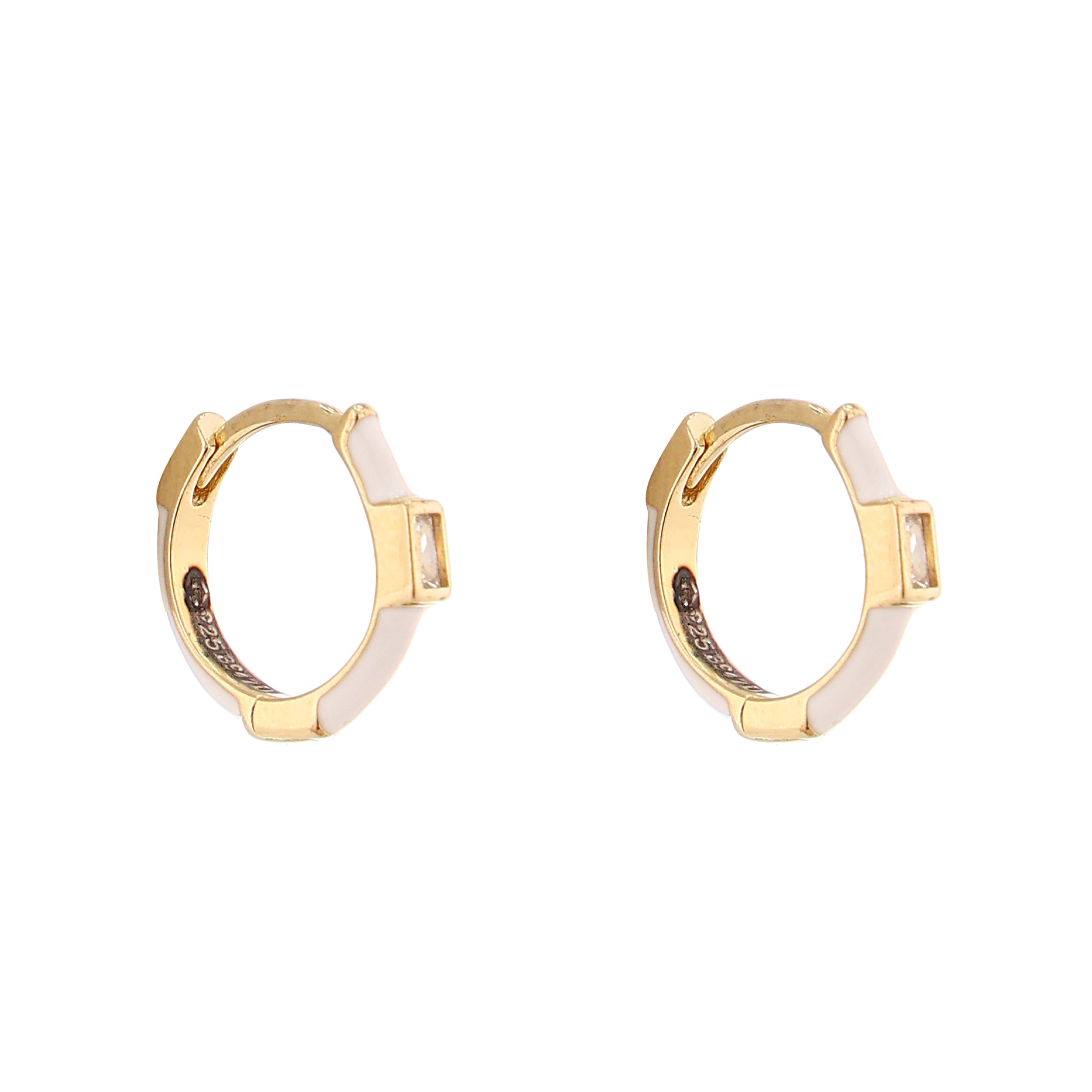 White Enamel Baguette Gold-Plated Silver Huggie Earrings
