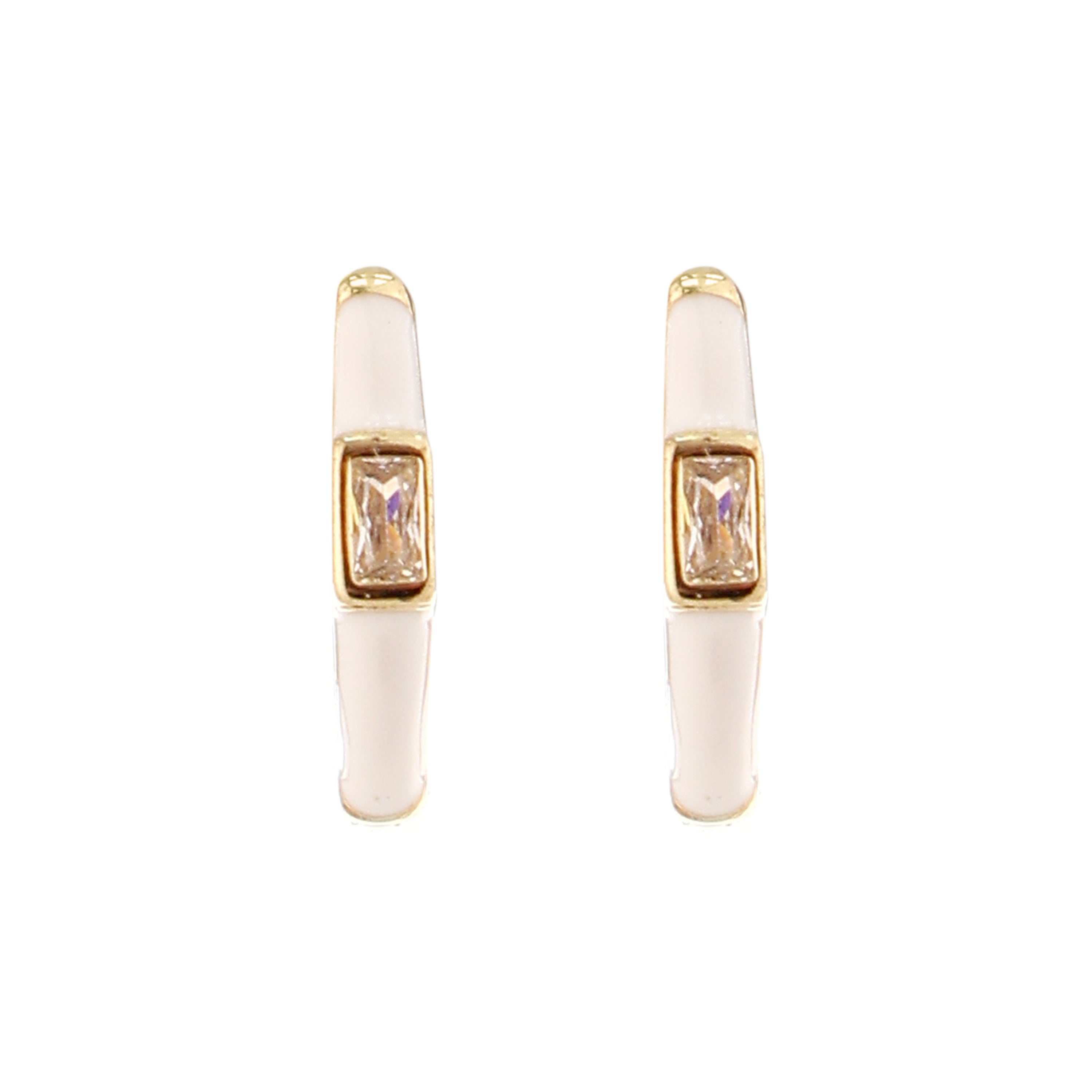 White Enamel Baguette Gold-Plated Silver Huggie Earrings