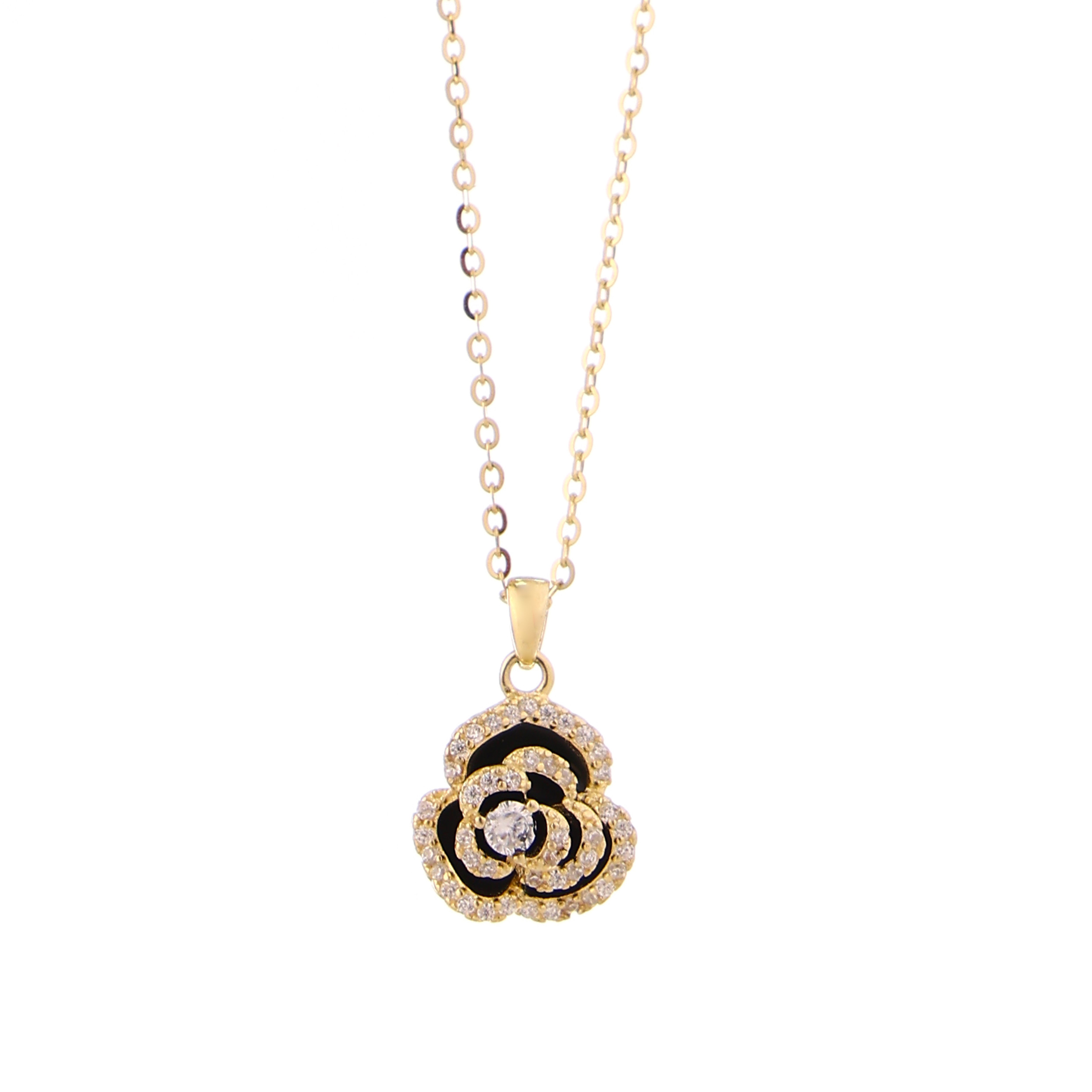 Black Camellia Blossom Gold-Plated Silver Pendant