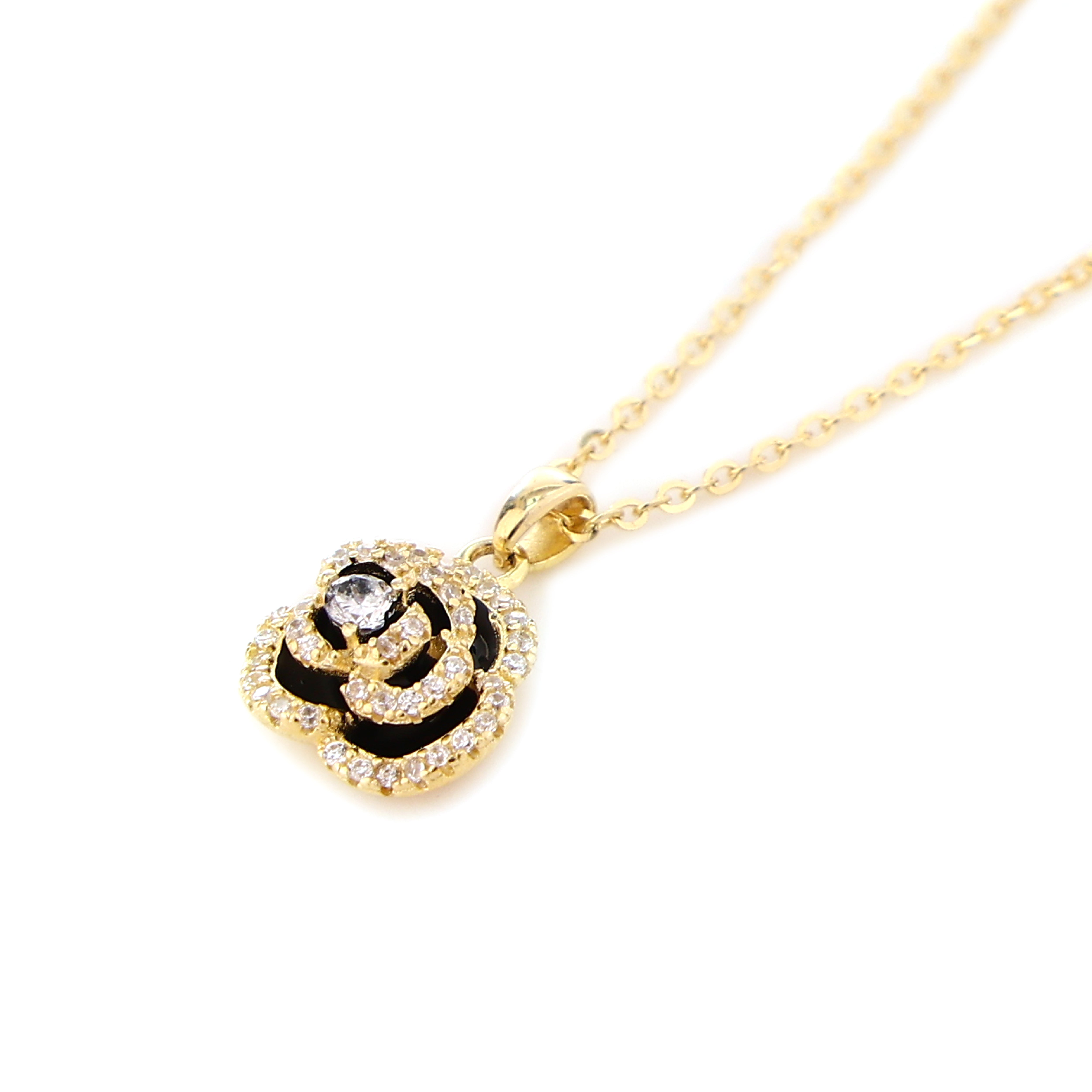 Black Camellia Blossom Gold-Plated Silver Pendant