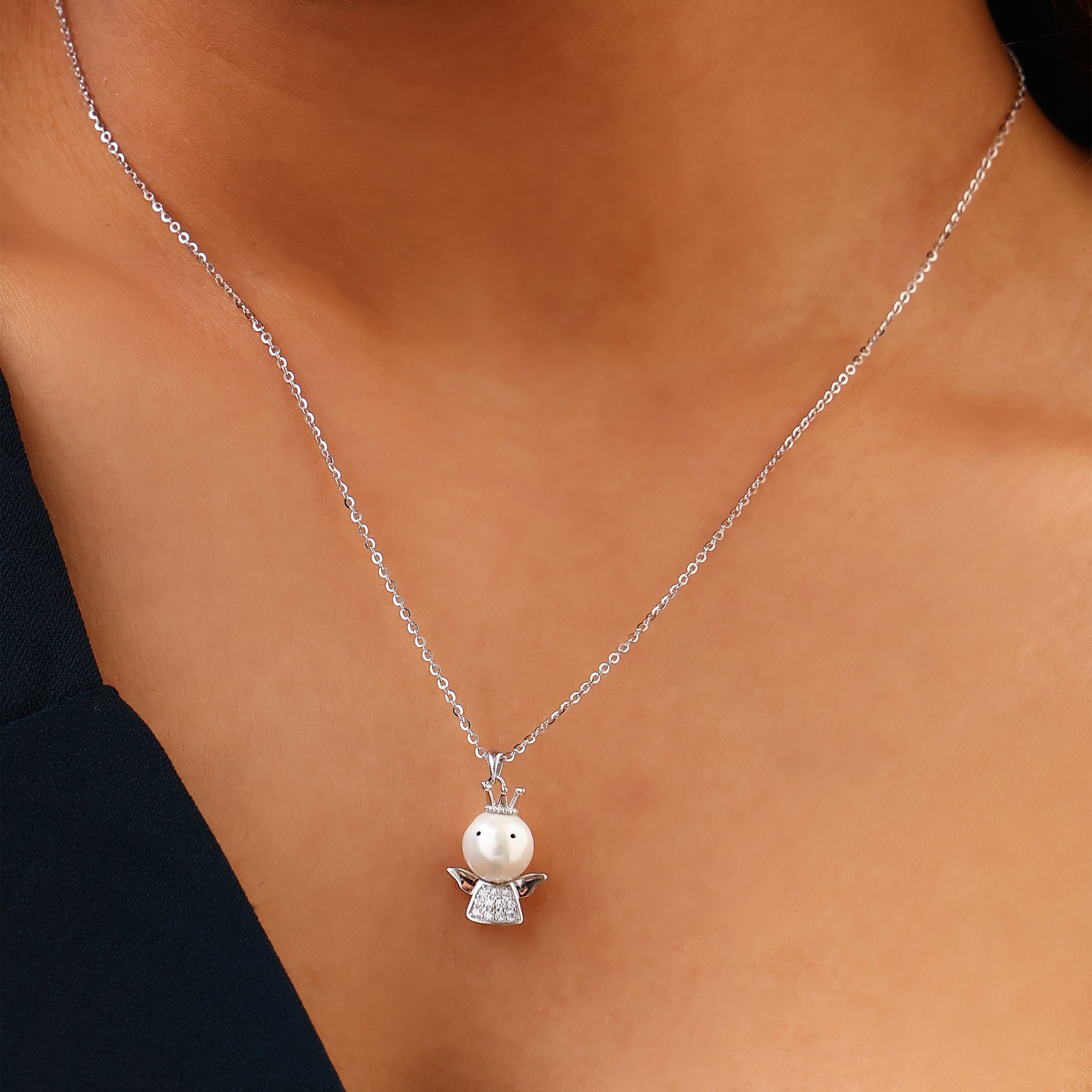 Whimsical Crowned Angel Silver Pendant