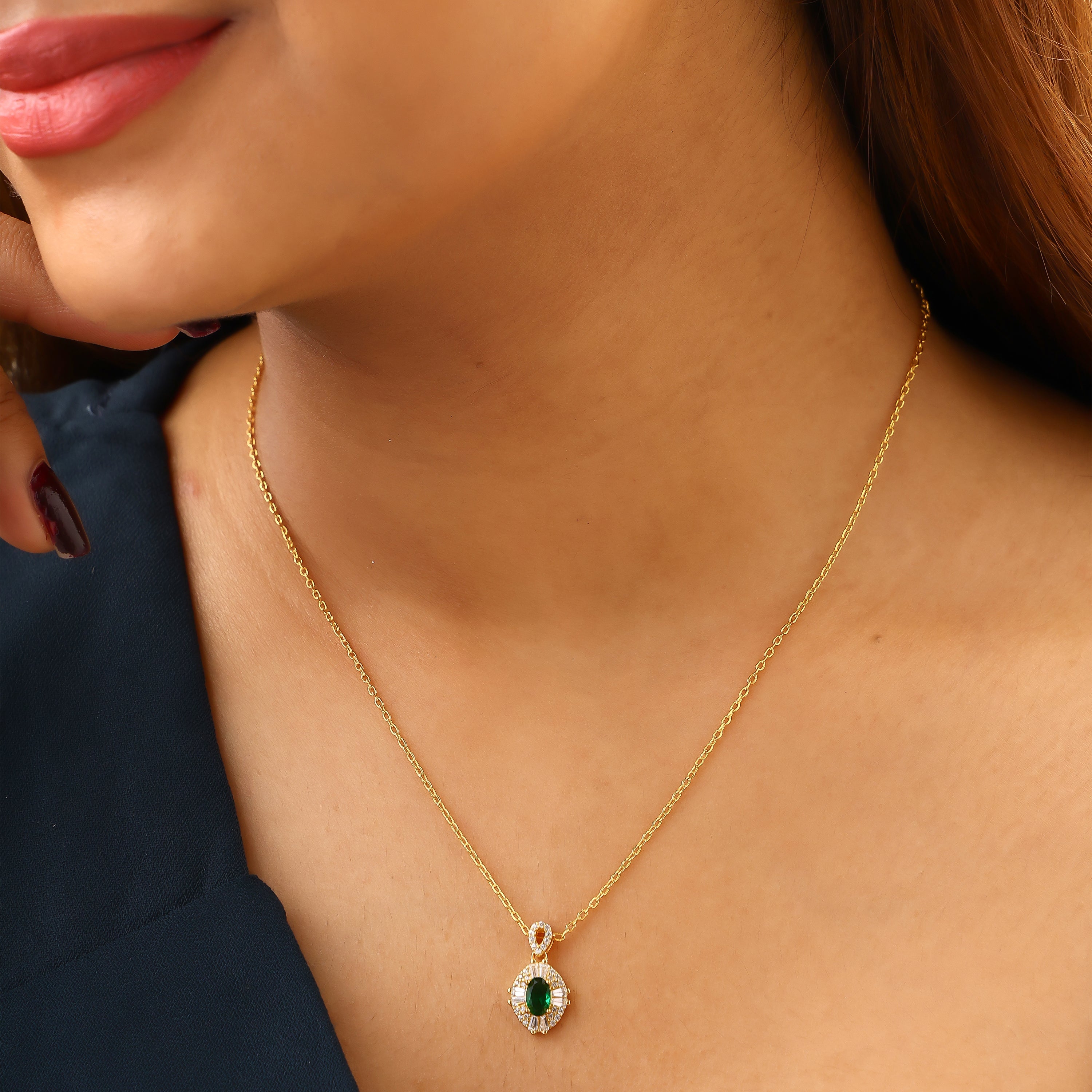 Emerald Radiance Halo Gold-Plated Silver Pendant Set