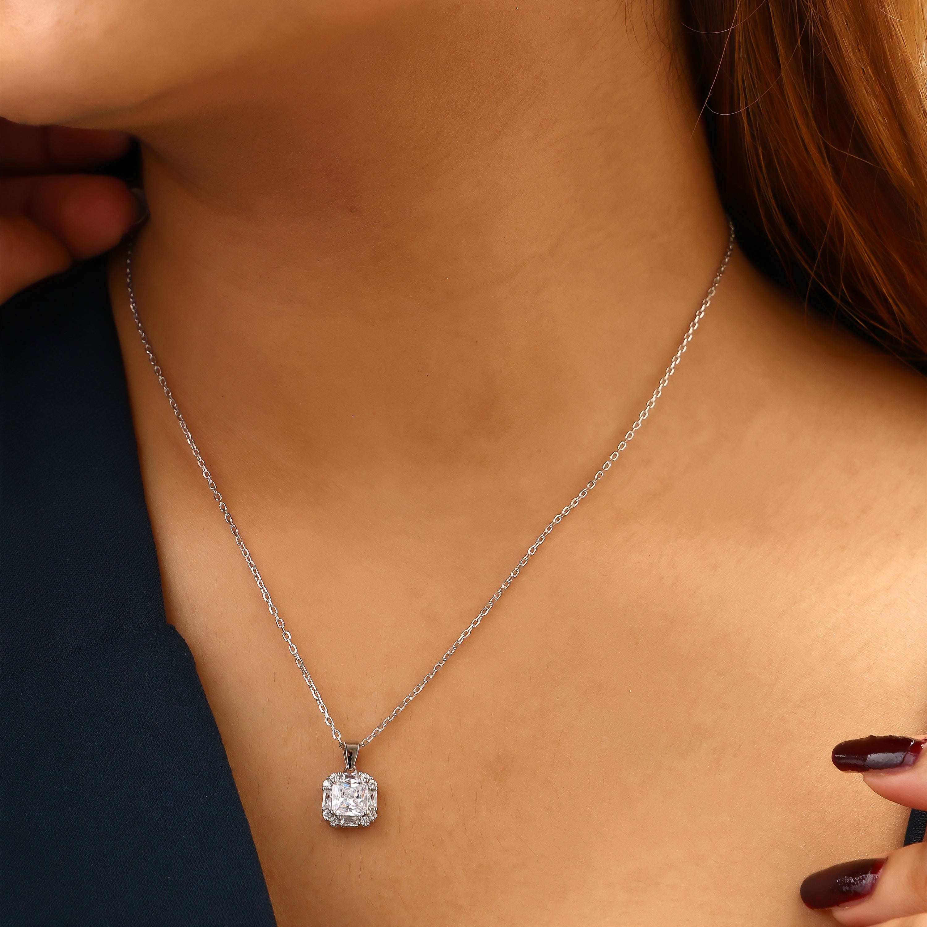 Radiant Cushion Halo Silver Pendant Set