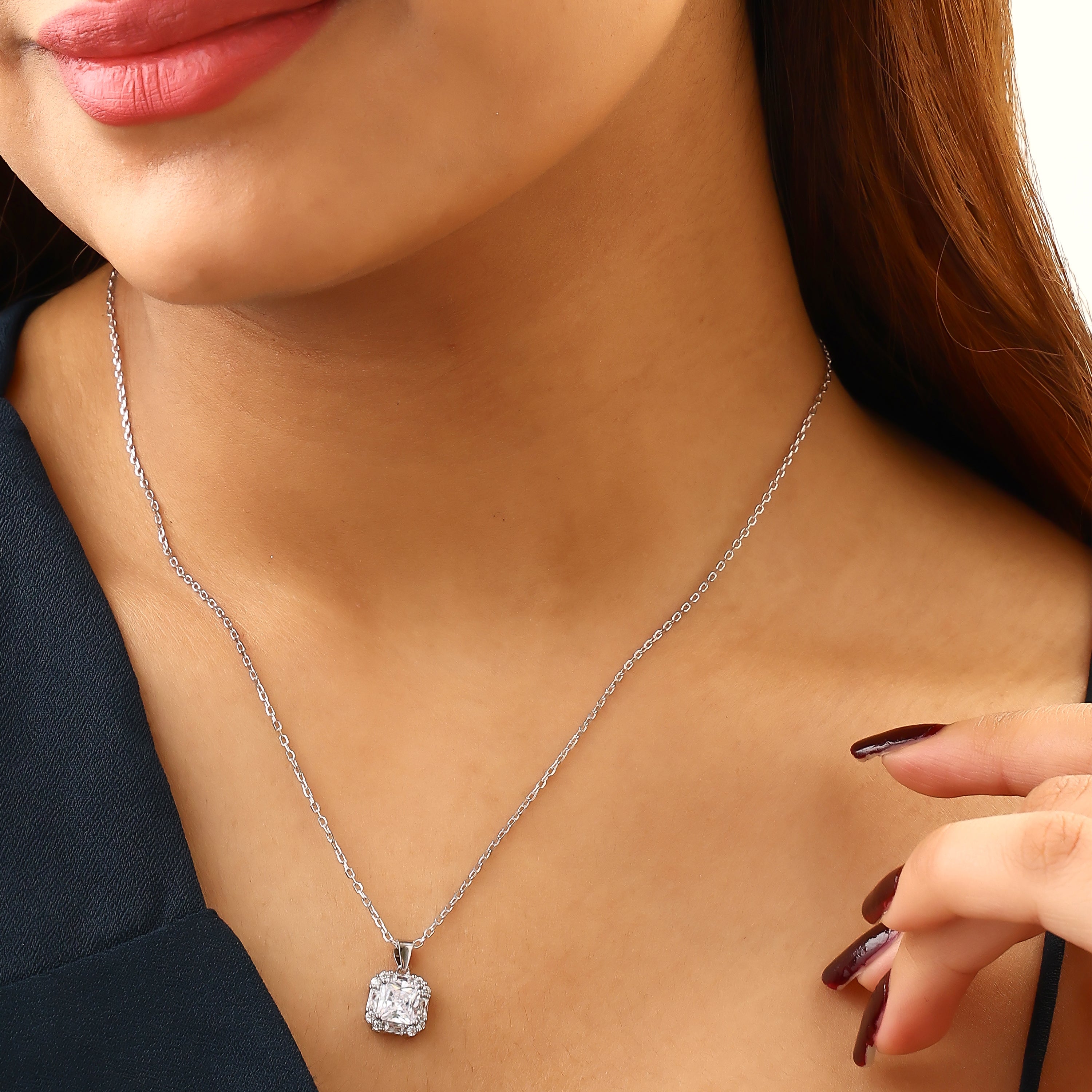 Radiant Cushion Halo Silver Pendant Set