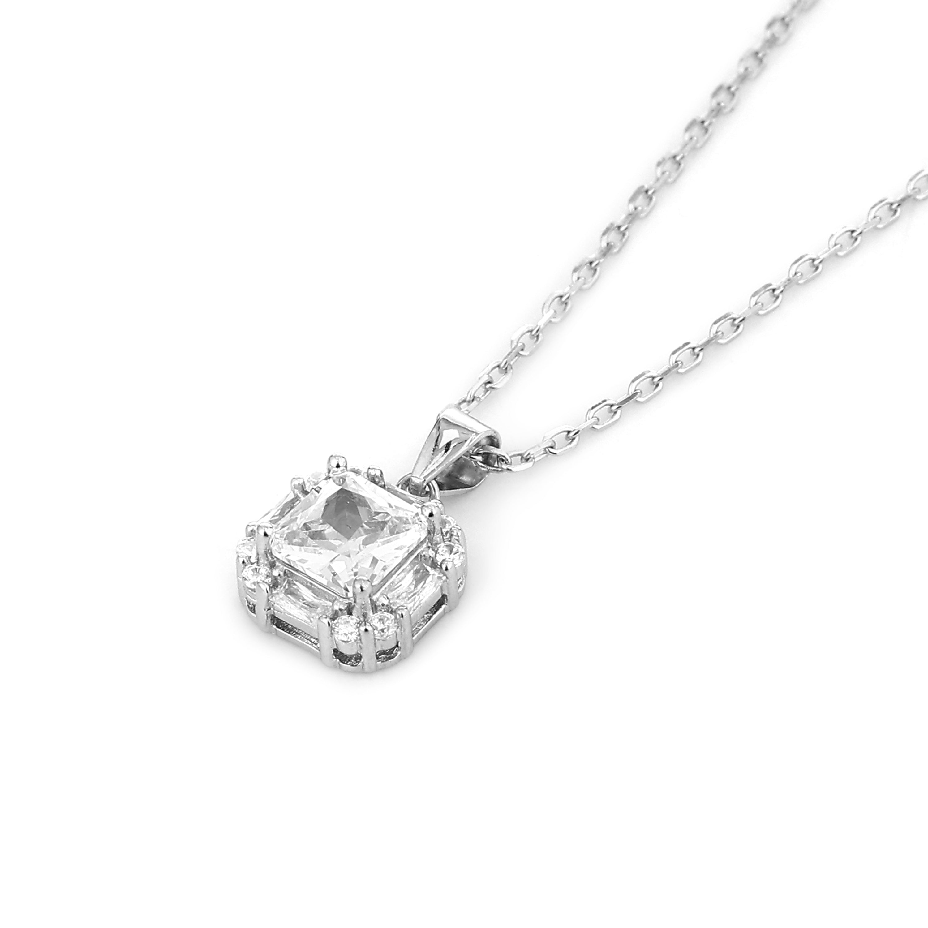 Radiant Cushion Halo Silver Pendant Set