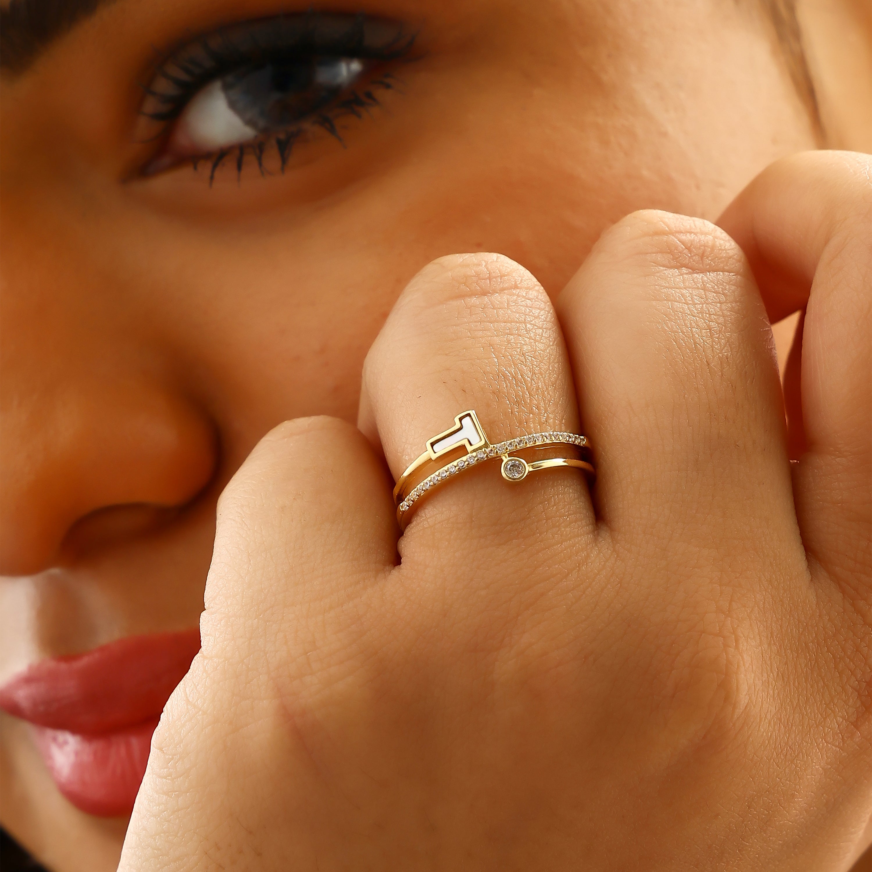 Initial 'T' Mother-of-Pearl Gold-Plated Silver Ring