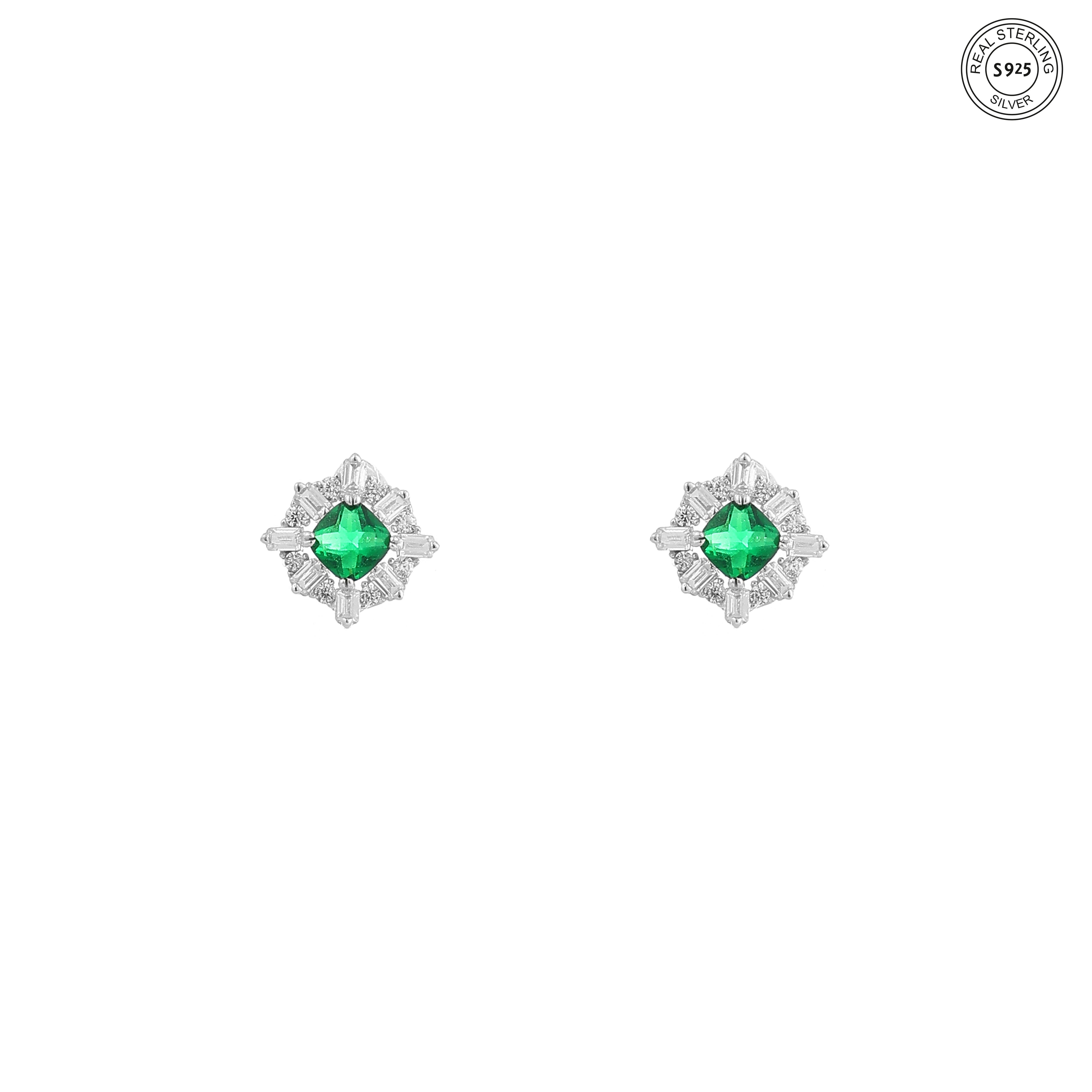 Elegant emerald stud earrings green gemstone 925 silver jewelry
