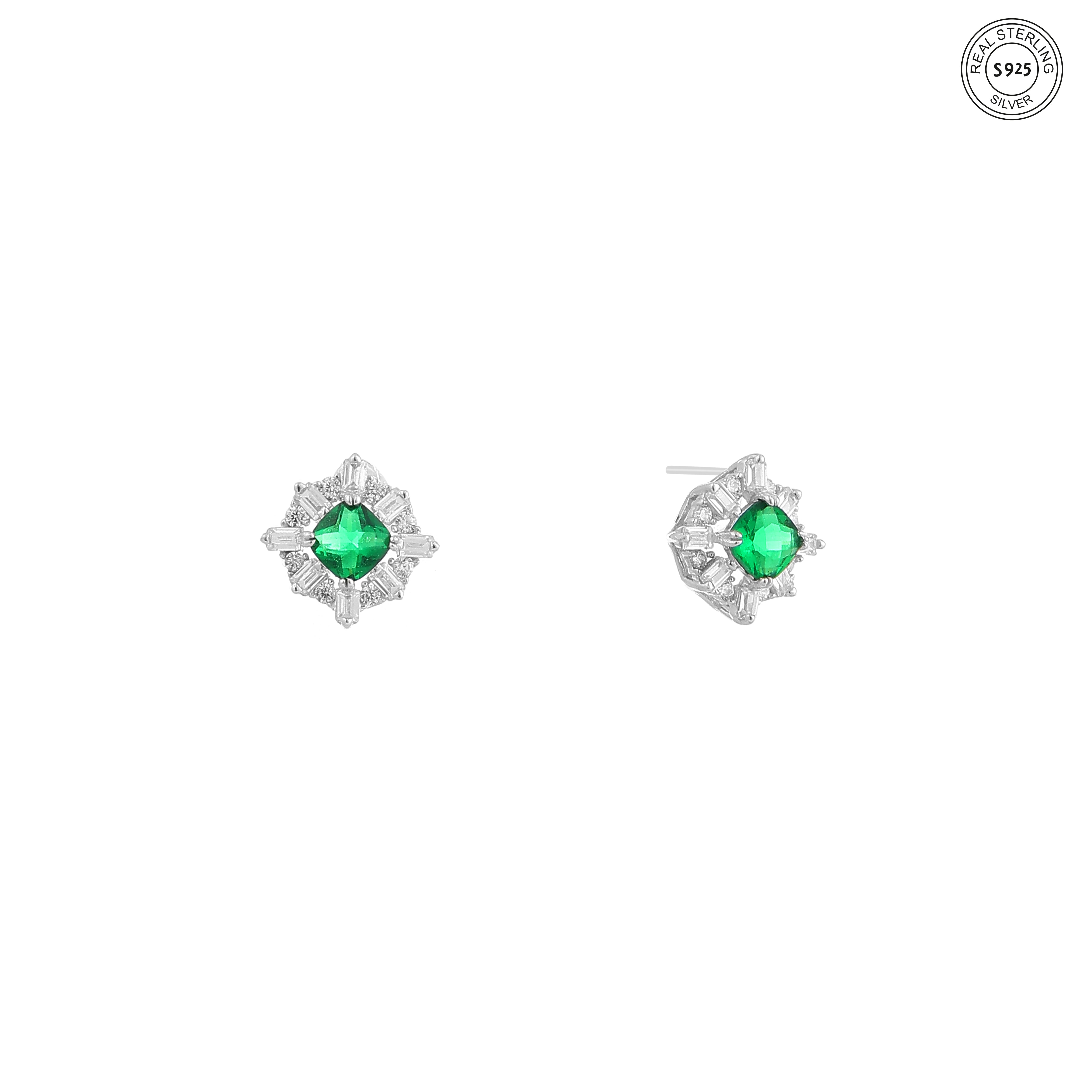Emerald silver studs close view 925 silver green gemstone earrings