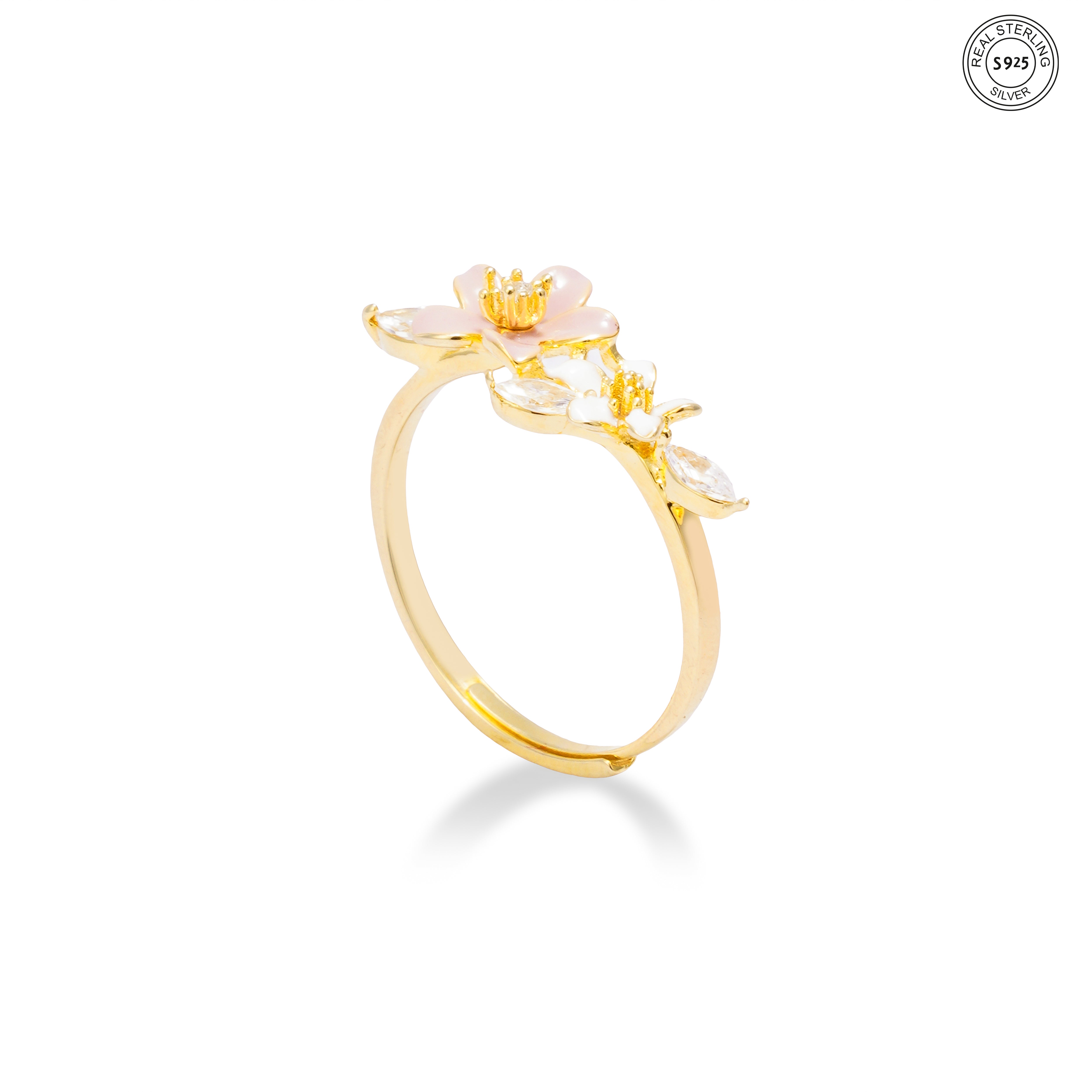 Floral gold plated pastel silver ring dainty everyday wear