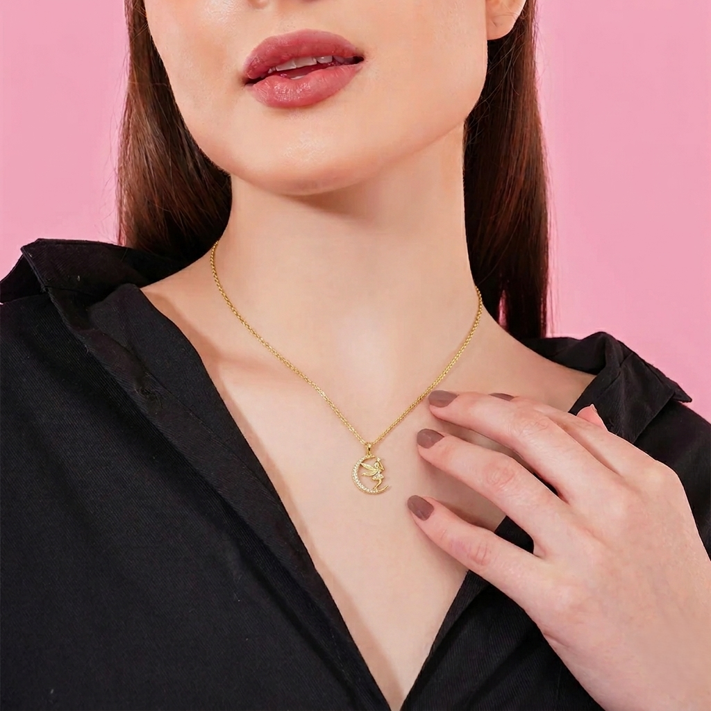 Guardian angel pendant gold finish on model elegant necklace for women