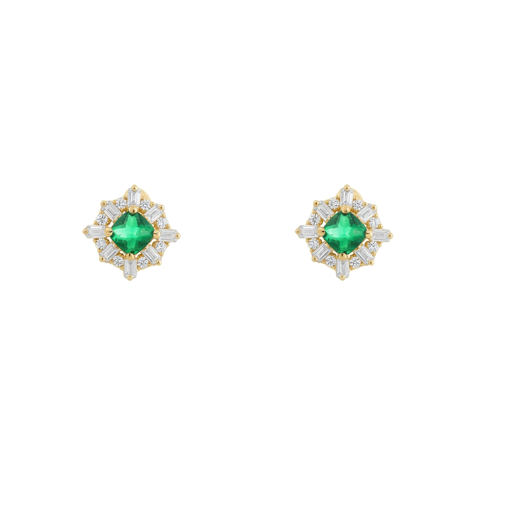 Gold finish emerald stud earrings green stone elegant design