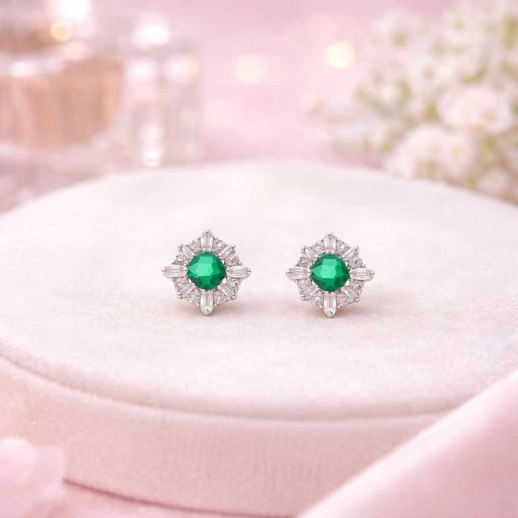 Minimal green stone silver studs elegant everyday wear earrings