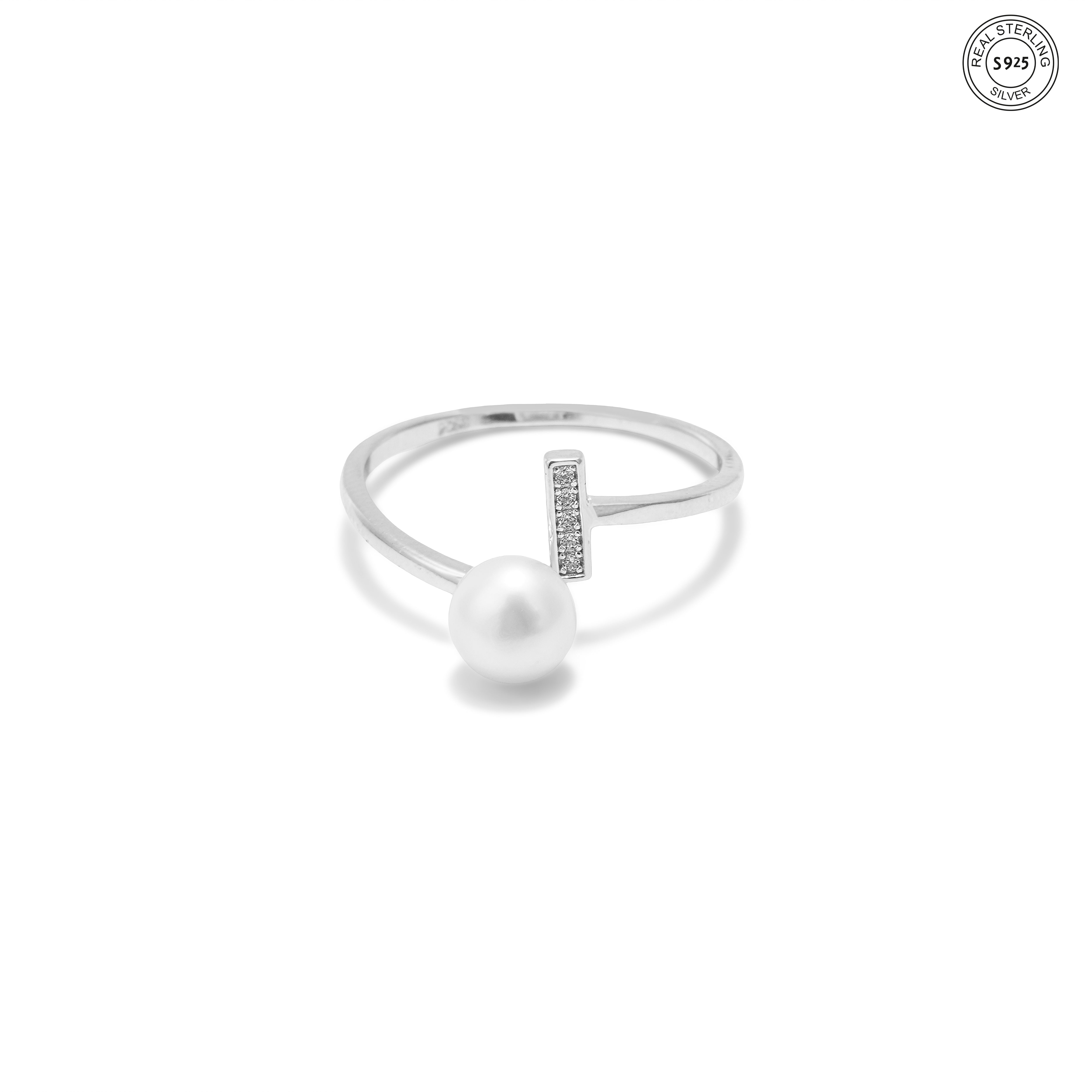 Pearl split silver ring modern open band