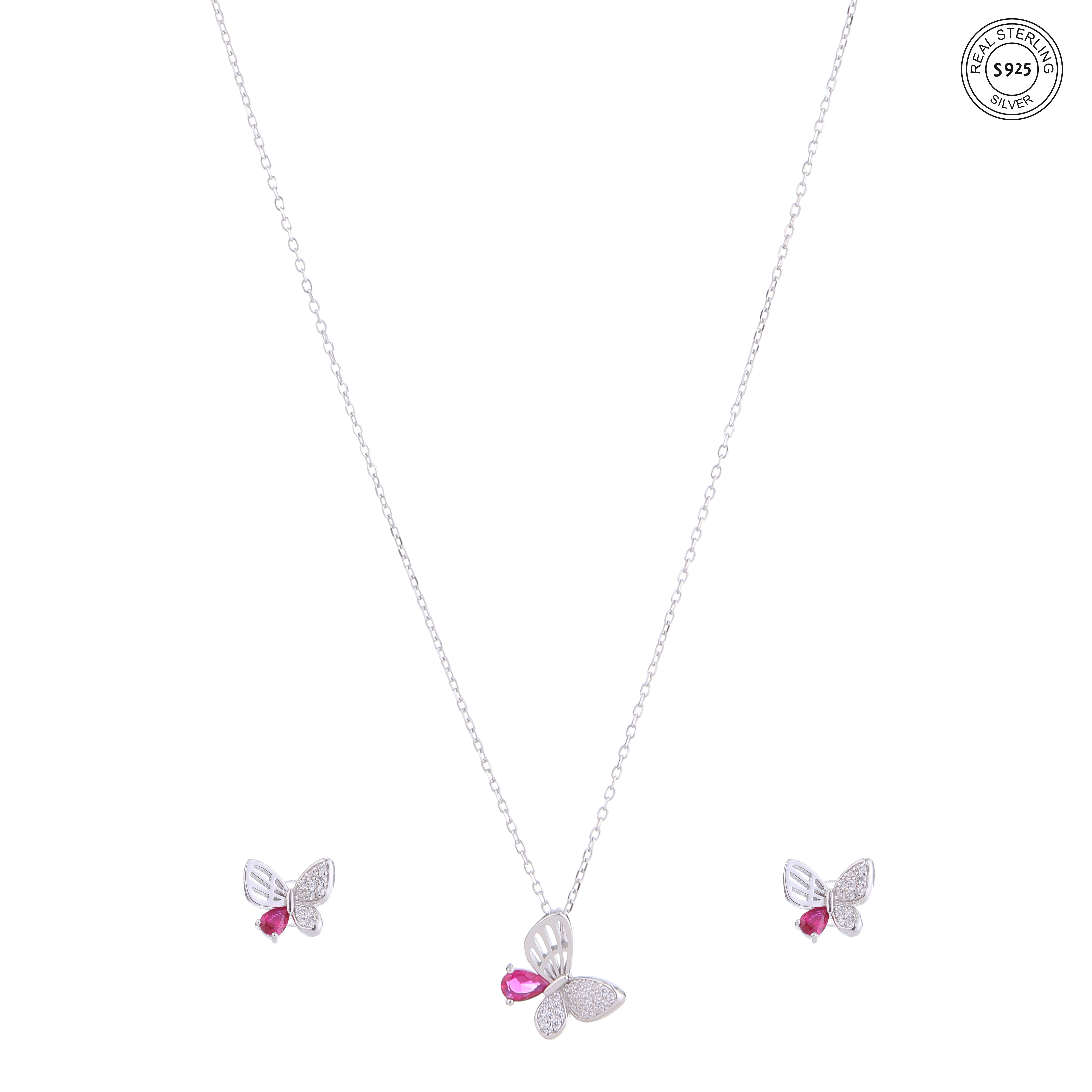 Pink stone silver necklace and earrings set for women elegant jewelry