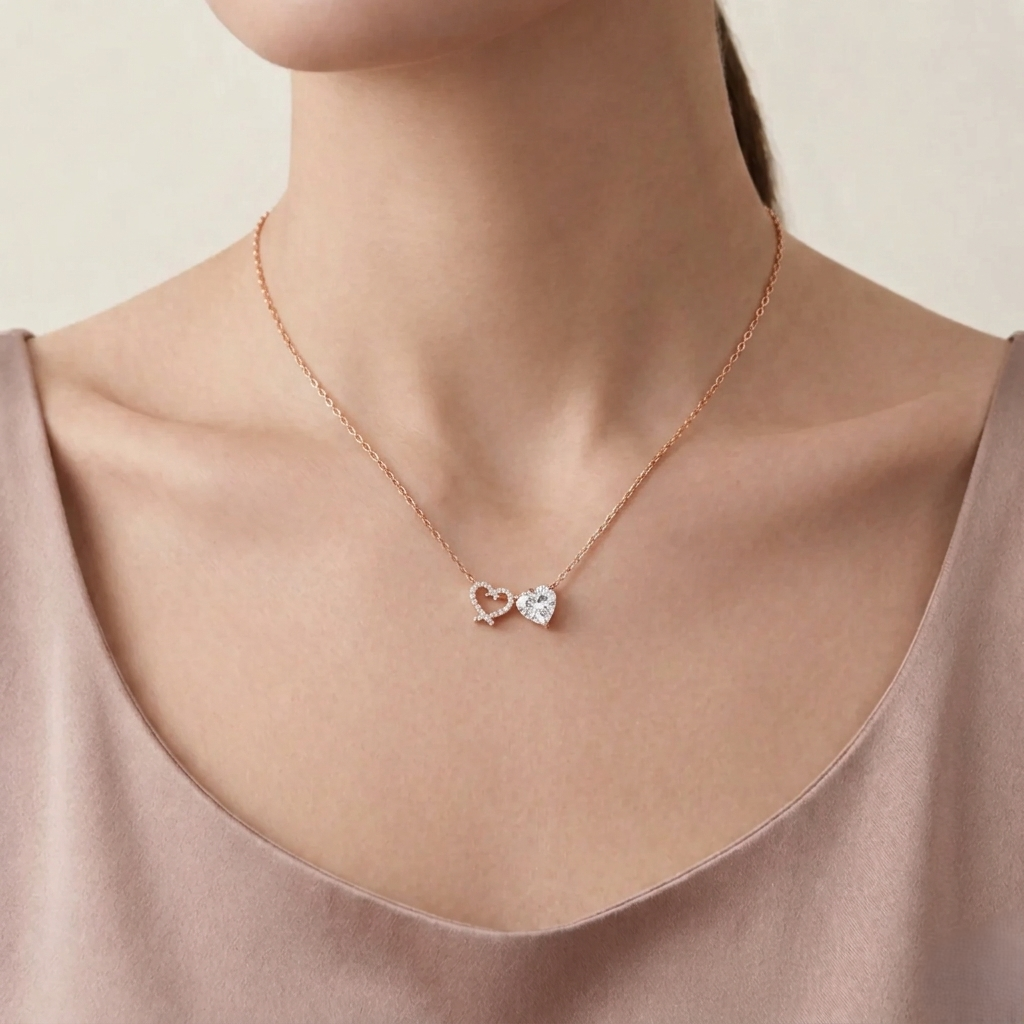 Geometric prism silver necklace on model elegant daily wear look