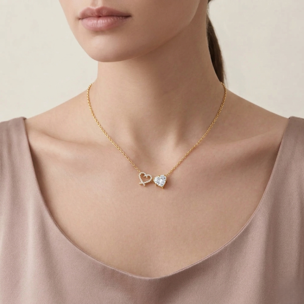 Silver love prism necklace on model gold finish romantic jewelry for women