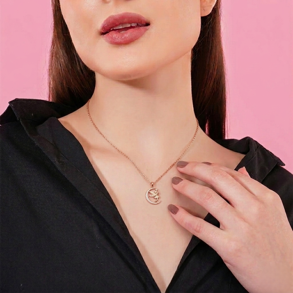 Rose gold angel pendant on model stylish spiritual necklace for girls