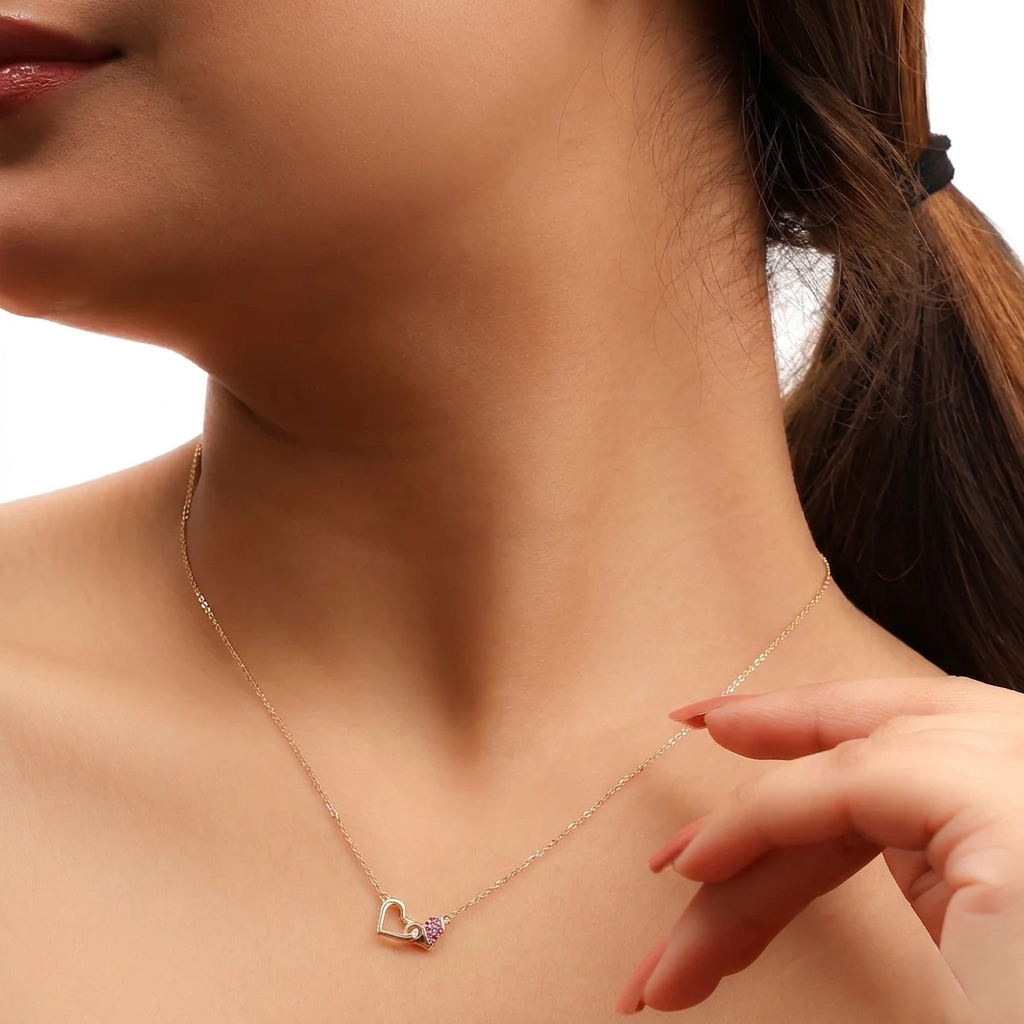 Model wearing rosegold heart pendant necklace stylish romantic jewelry