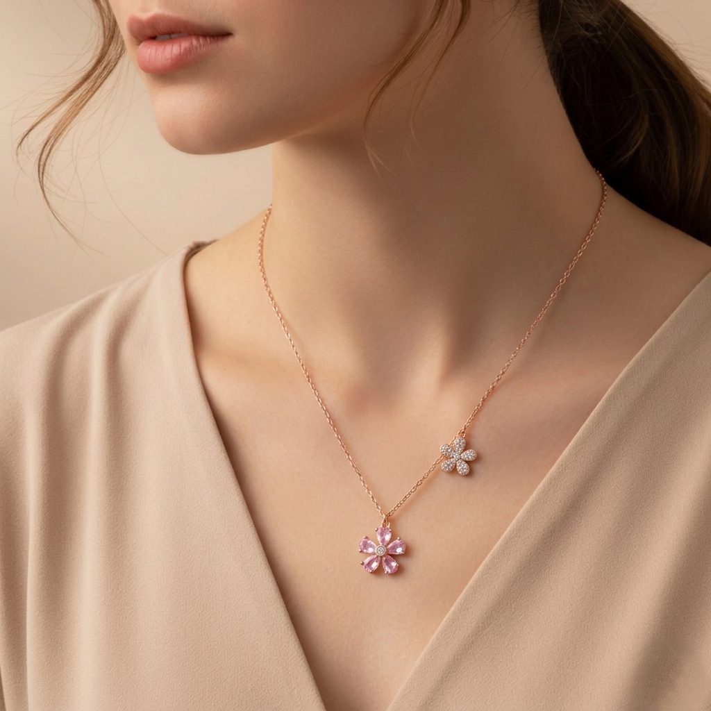 Model wearing rosegold floral pendant necklace aesthetic jewelry