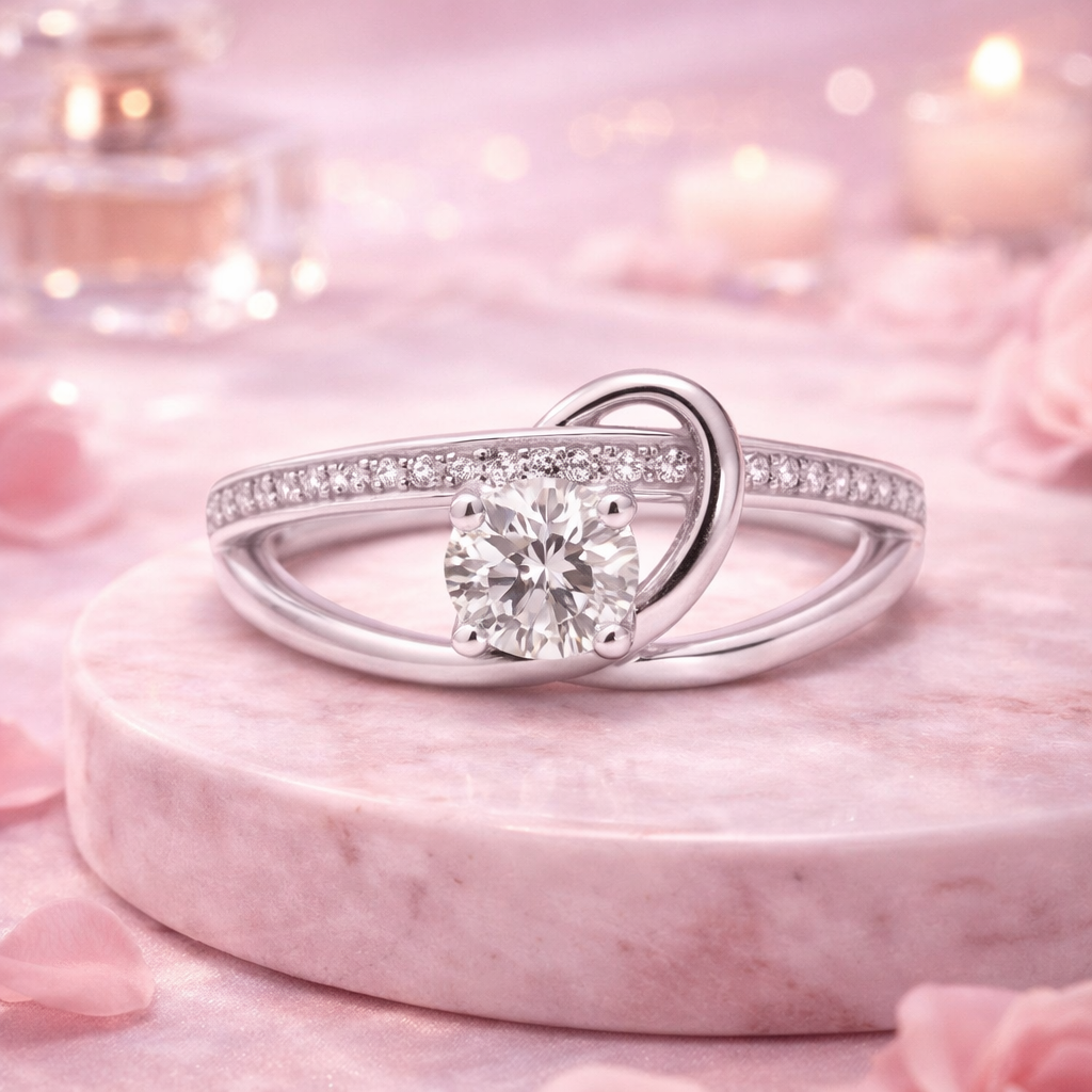 Twisted band solitaire silver ring minimalist elegant design for women